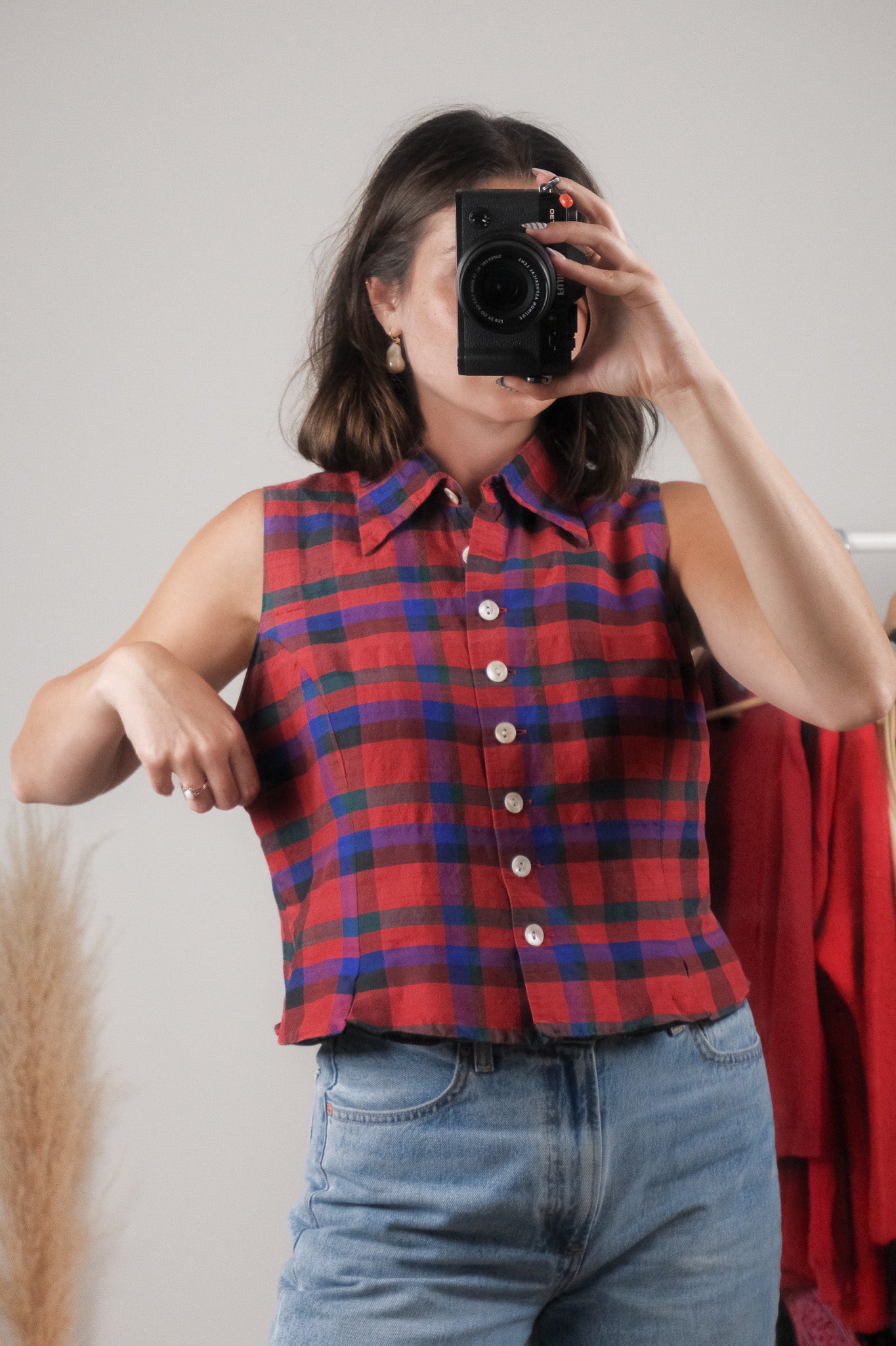 Vintage x 100% Silk x Plaid Collared Tank (M)