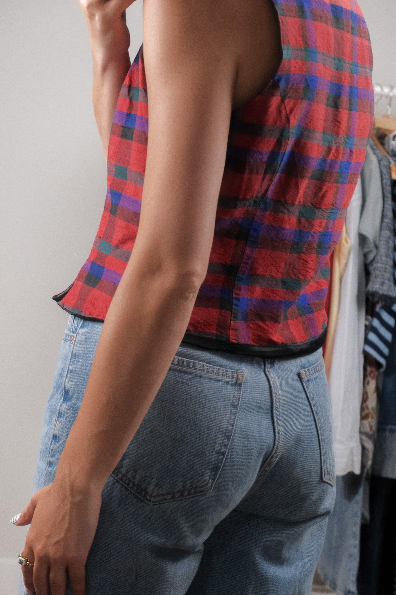 Vintage x 100% Silk x Plaid Collared Tank (M)