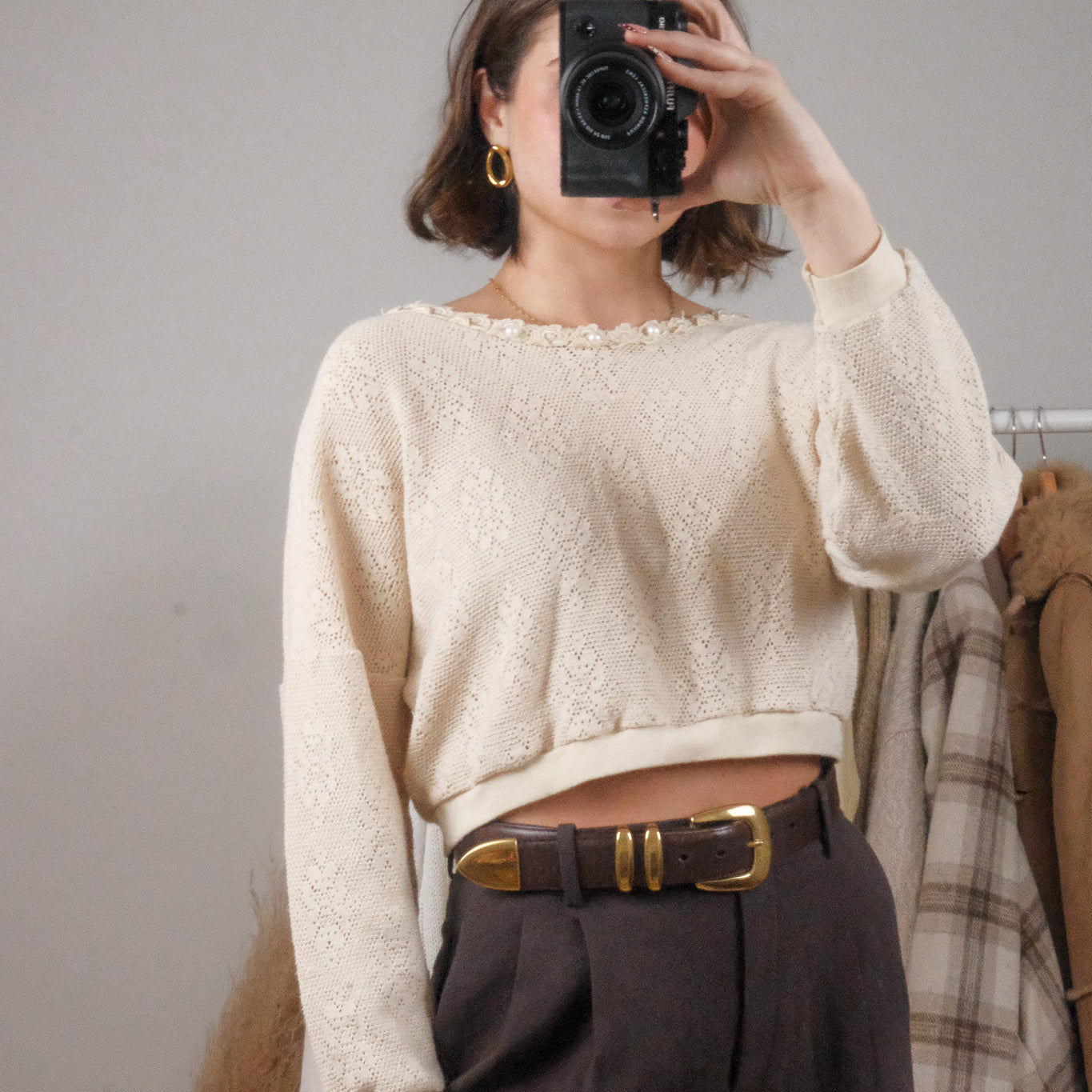 Made in Canada x Vintage x Textured/Lace/Pearl Crop Knit (M)