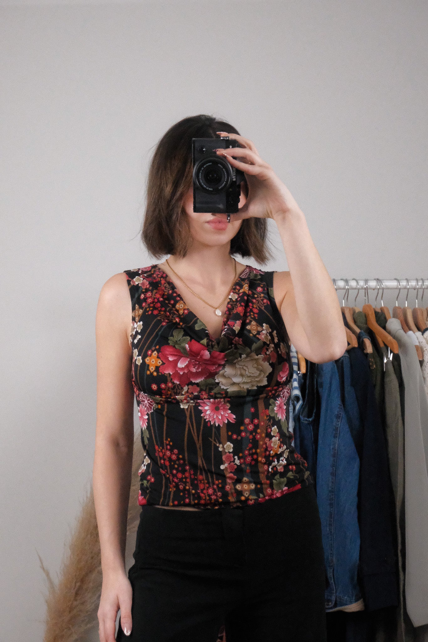 Made in USA x Vintage x Floral Cowl Neck Tank (M)