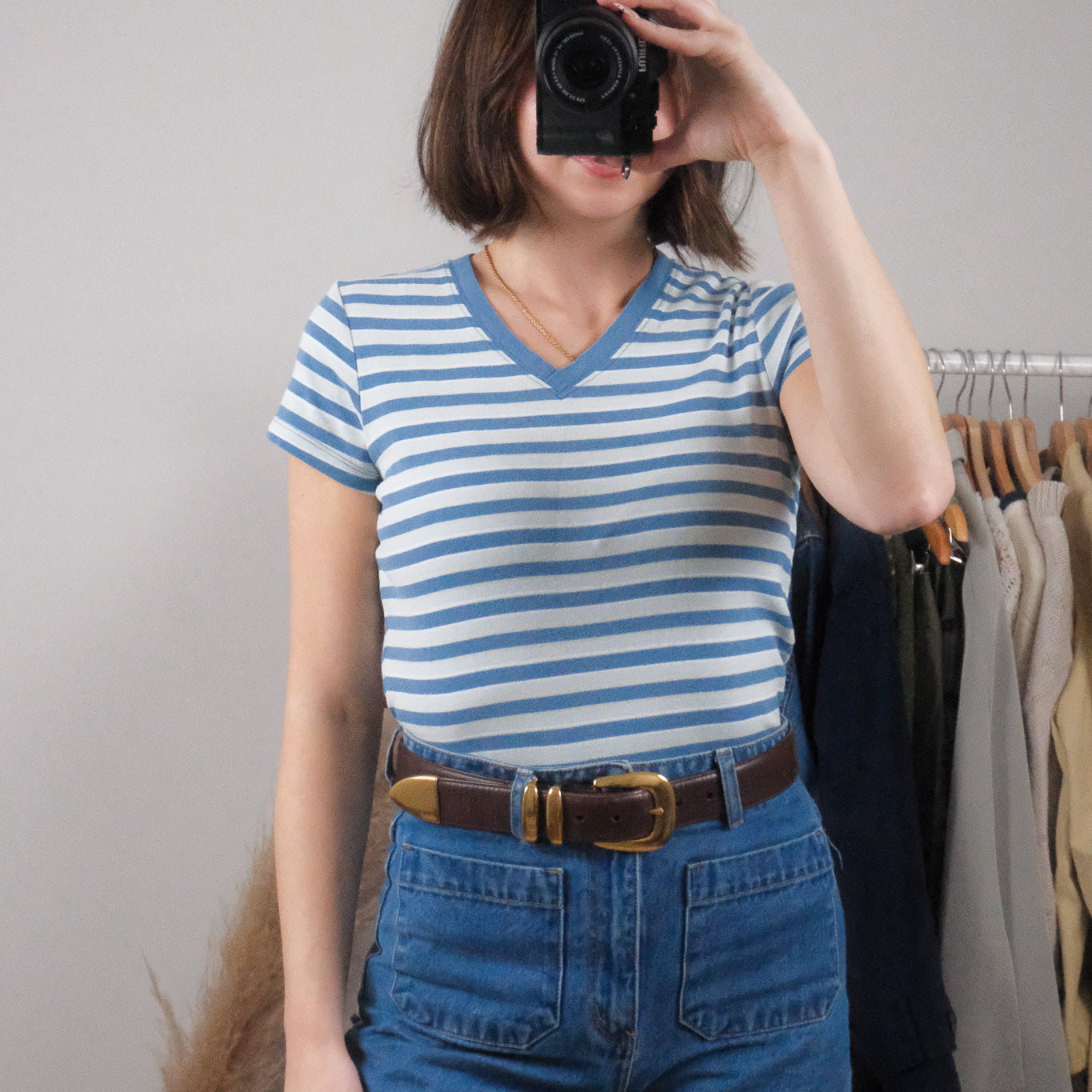 Vintage x Cotton Striped V-Neck T-Shirt (S/M)