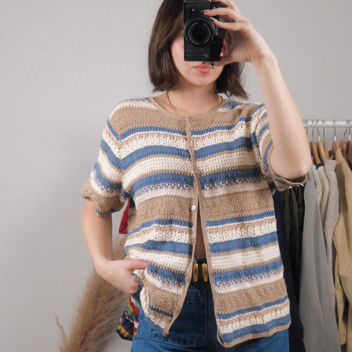 Vintage x Cotton Crochet Short-Sleeve Knit (XL)