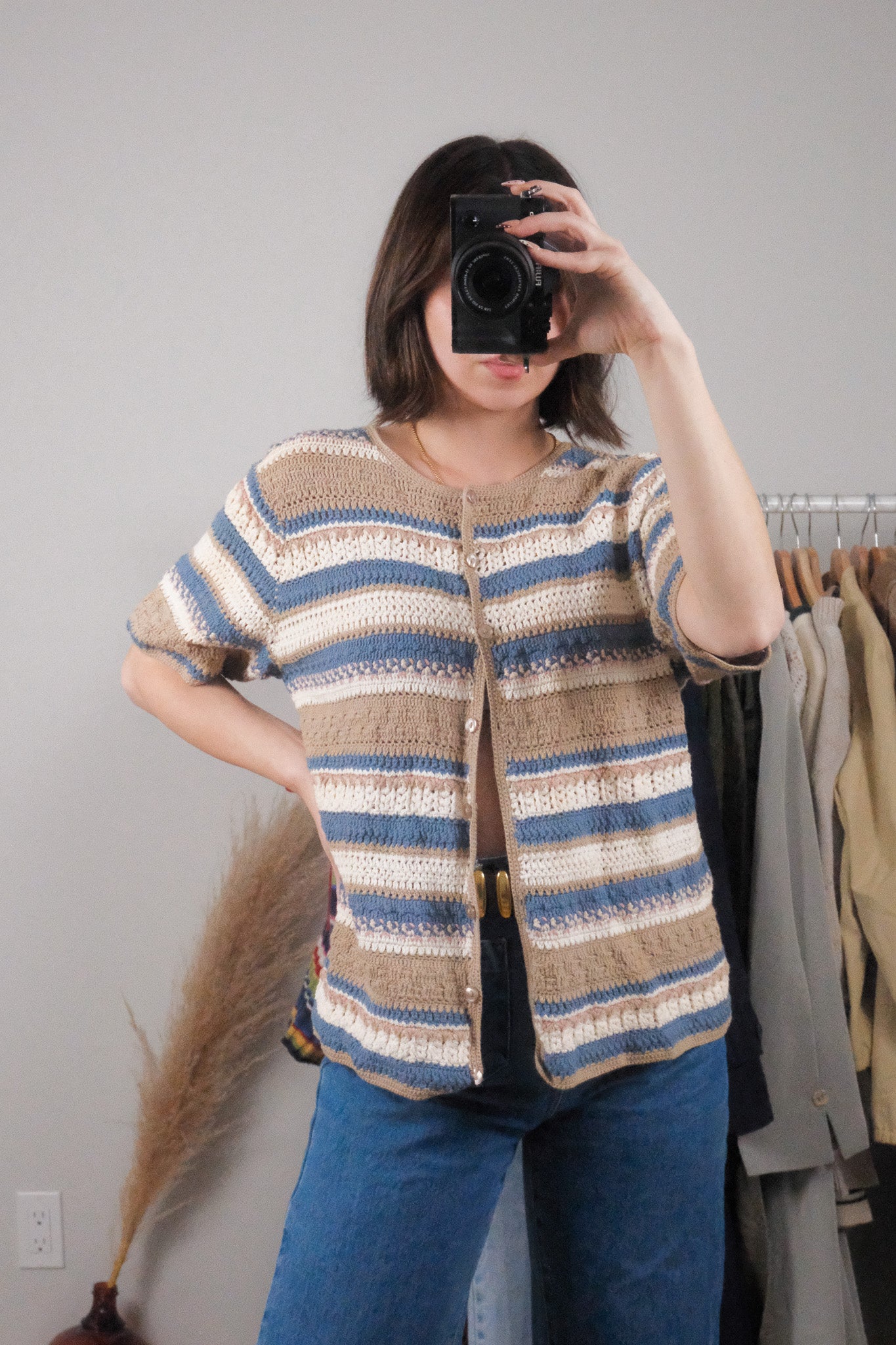 Vintage x Cotton Crochet Short-Sleeve Knit (XL)