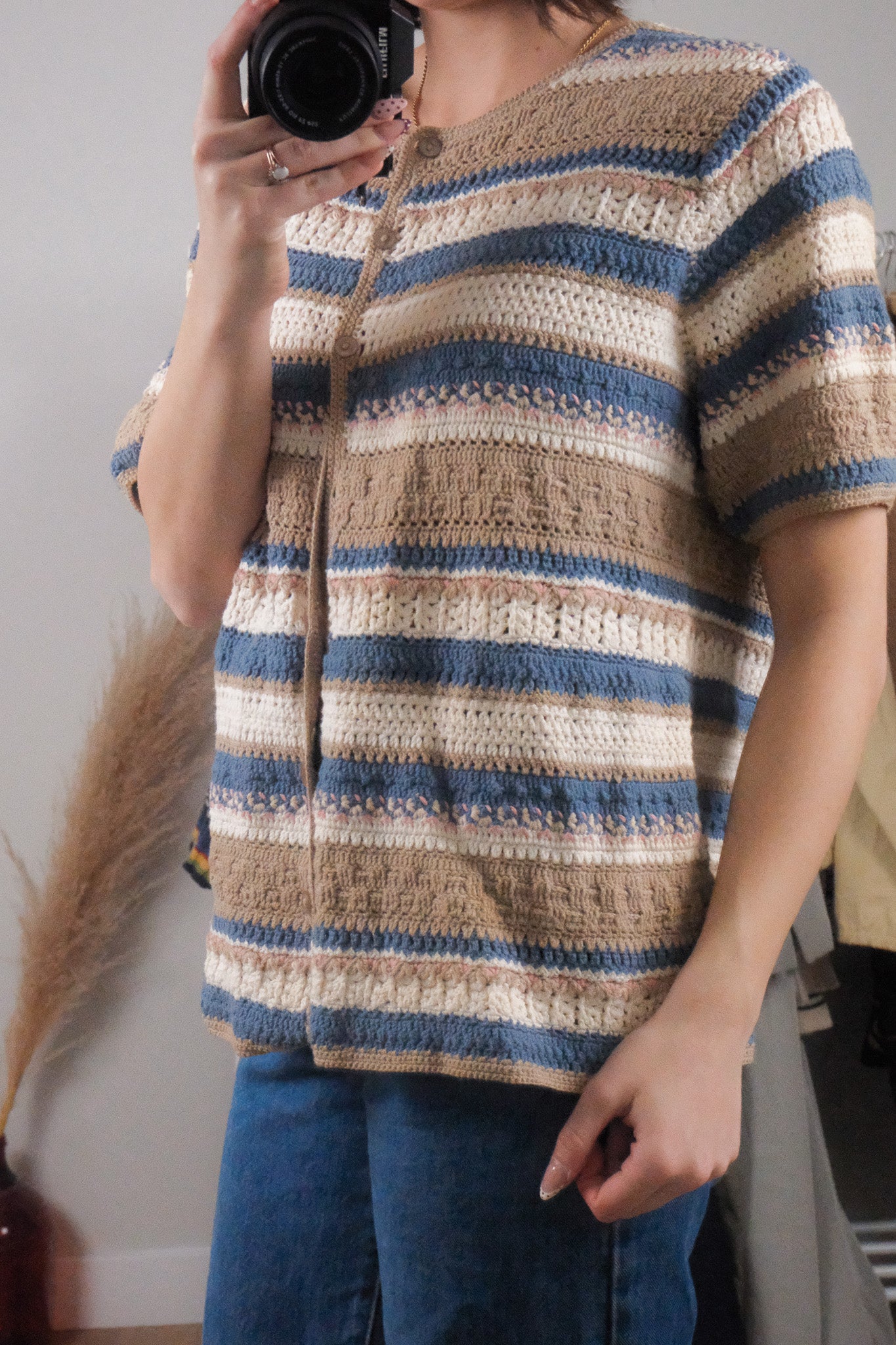 Vintage x Cotton Crochet Short-Sleeve Knit (XL)