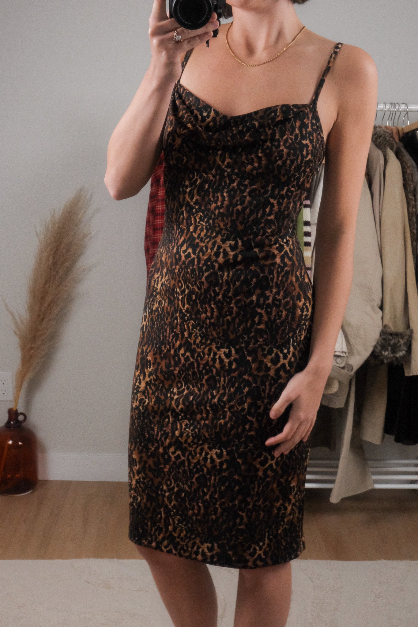 Vintage x Cheetah Print Cowl Neck Midi Dress (S)