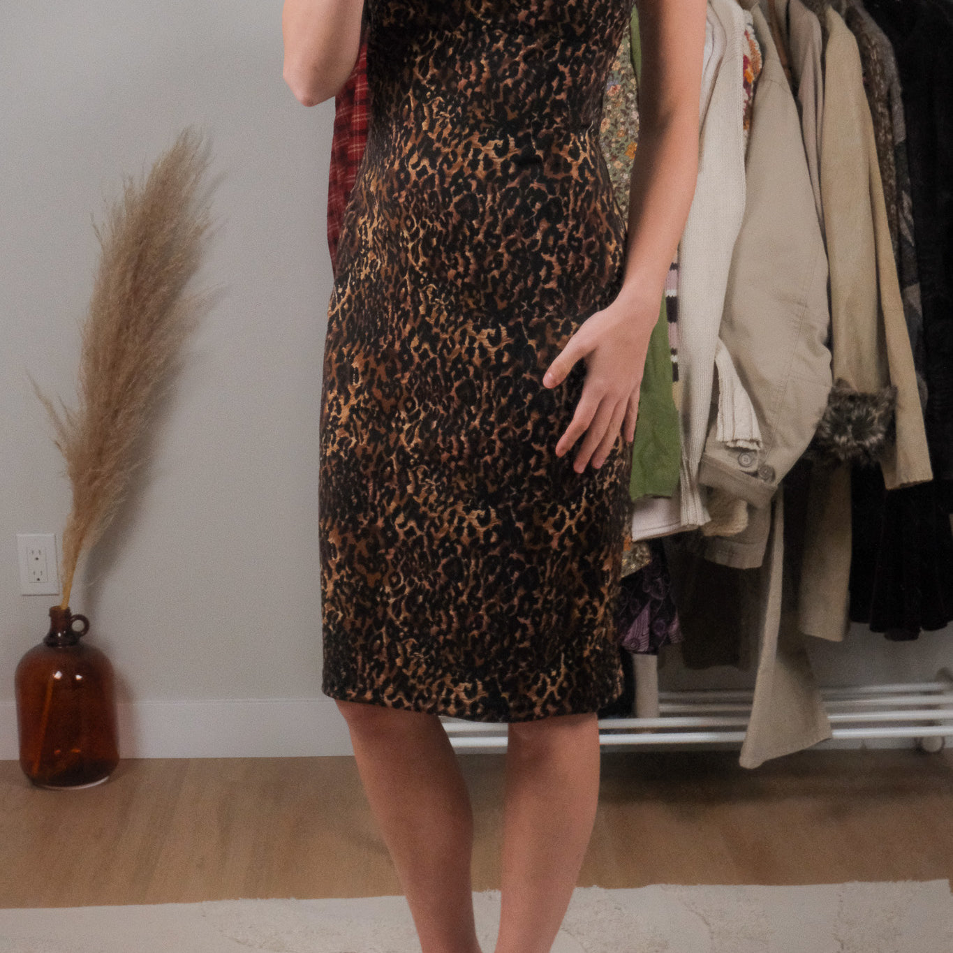 Vintage x Cheetah Print Cowl Neck Midi Dress (S)