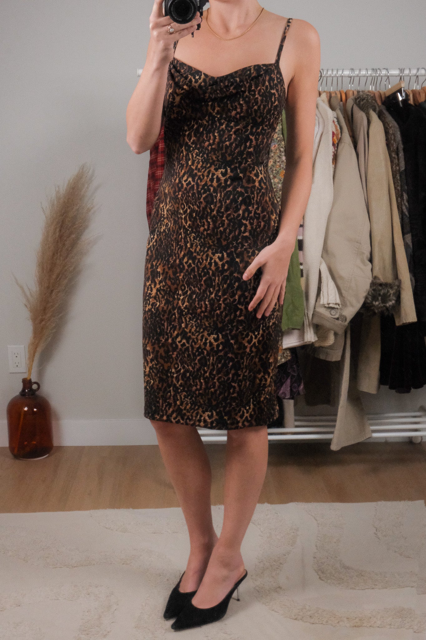 Vintage x Cheetah Print Cowl Neck Midi Dress (S)
