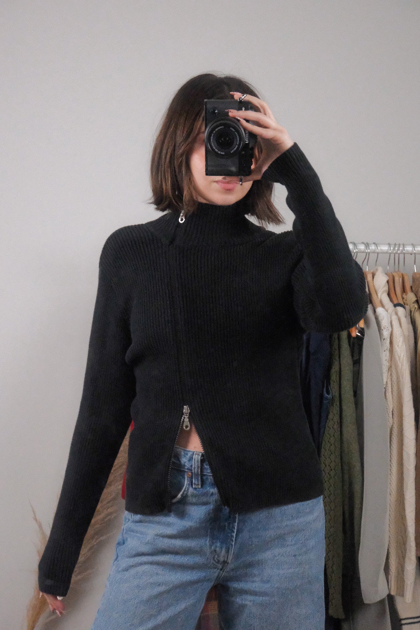 Vintage x Cotton Asymmetrical Ribbed Zip UP (M)