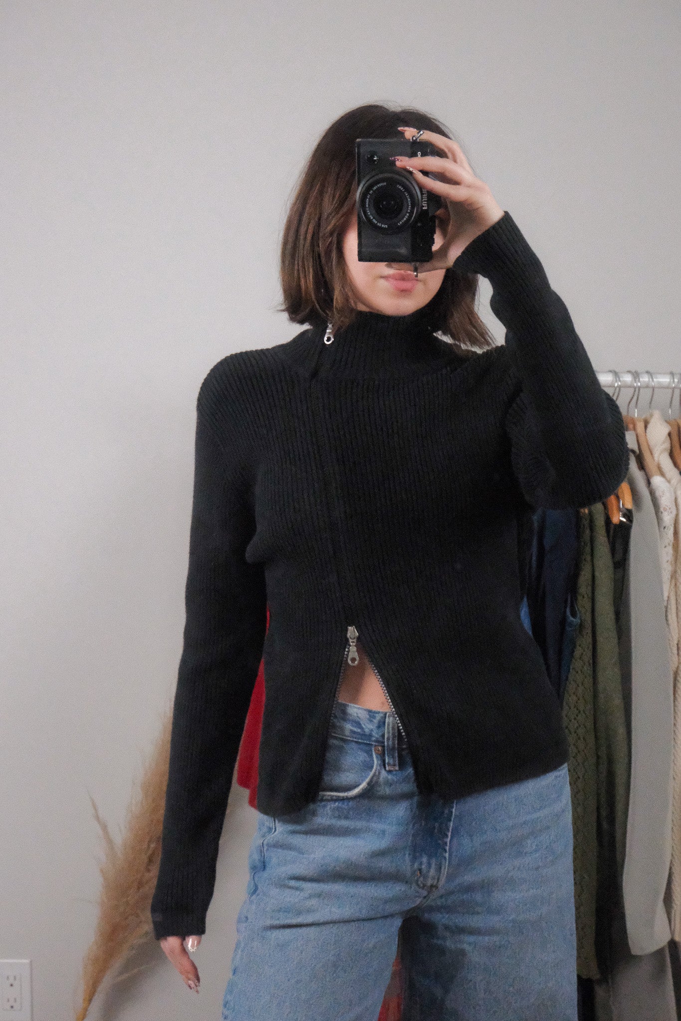 Vintage x Cotton Asymmetrical Ribbed Zip UP (M)