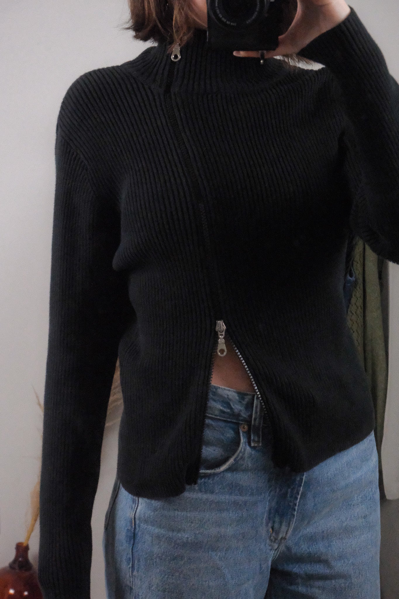 Vintage x Cotton Asymmetrical Ribbed Zip UP (M)
