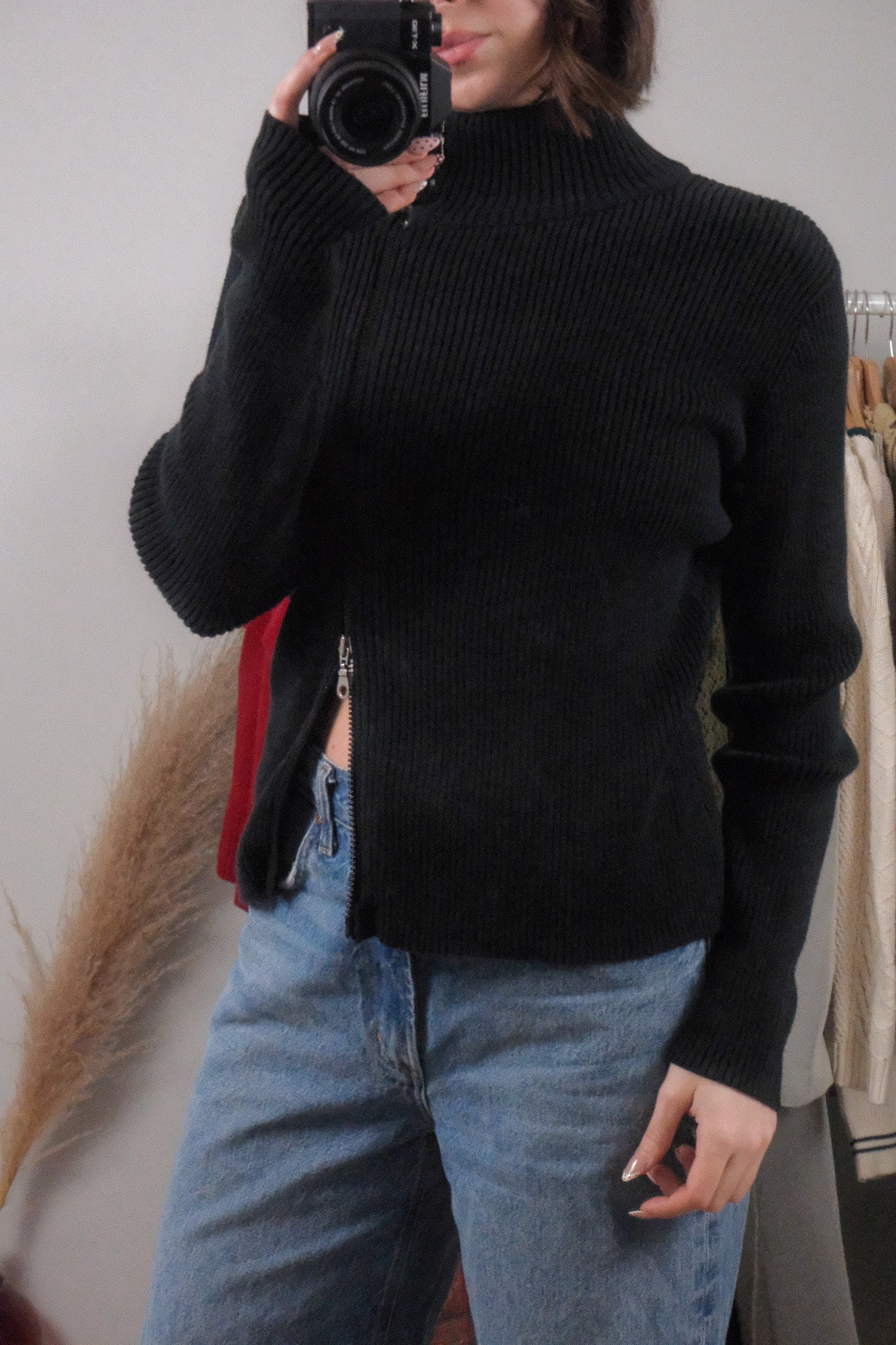 Vintage x Cotton Asymmetrical Ribbed Zip UP (M)