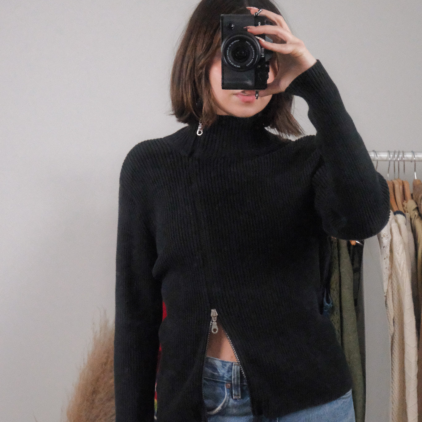 Vintage x Cotton Asymmetrical Ribbed Zip UP (M)