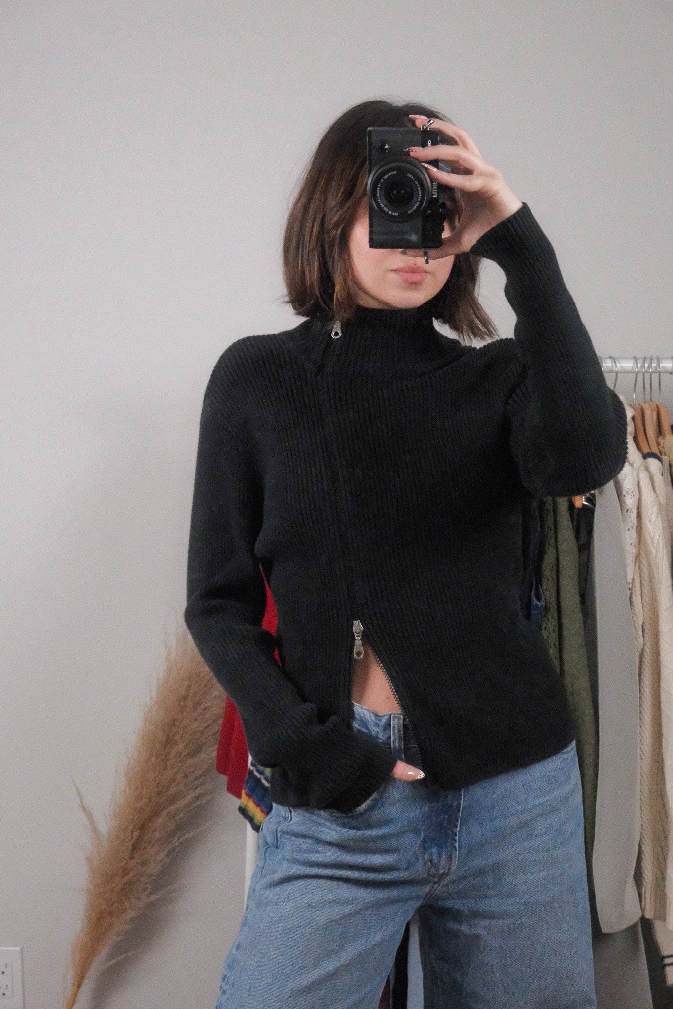 Vintage x Cotton Asymmetrical Ribbed Zip UP (M)