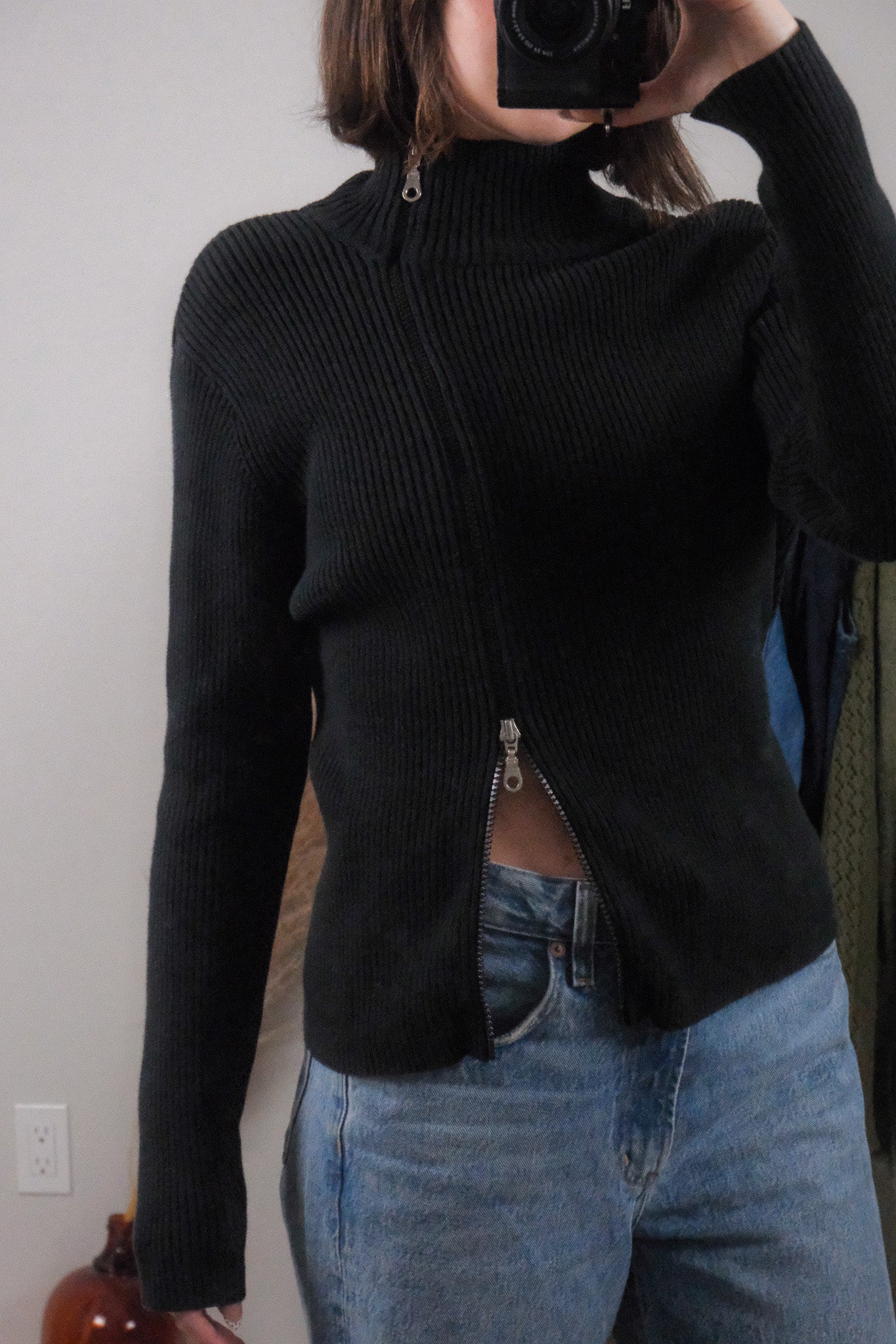 Vintage x Cotton Asymmetrical Ribbed Zip UP (M)