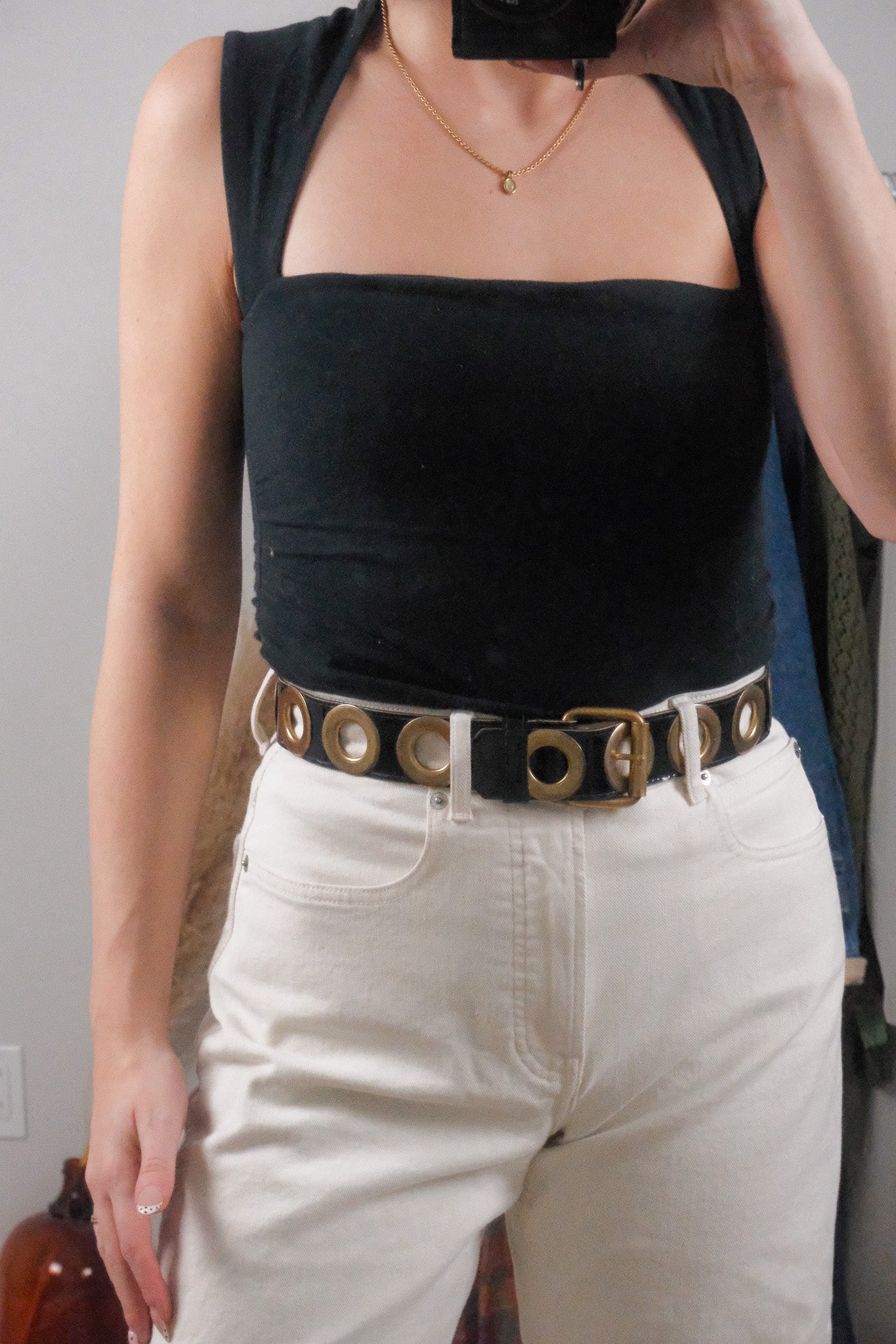 Vintage x Faux Leather Grommet Belt (XXS/XS)