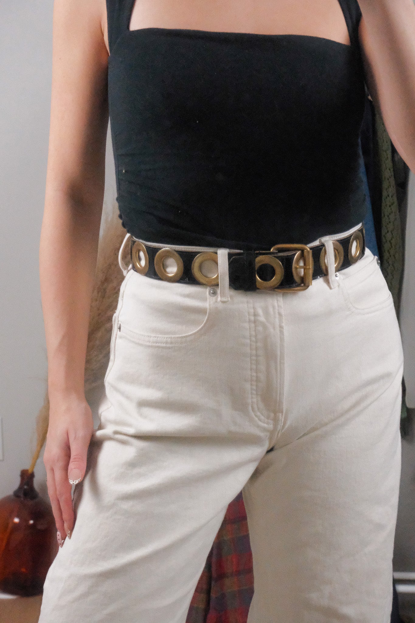 Vintage x Faux Leather Grommet Belt (XXS/XS)