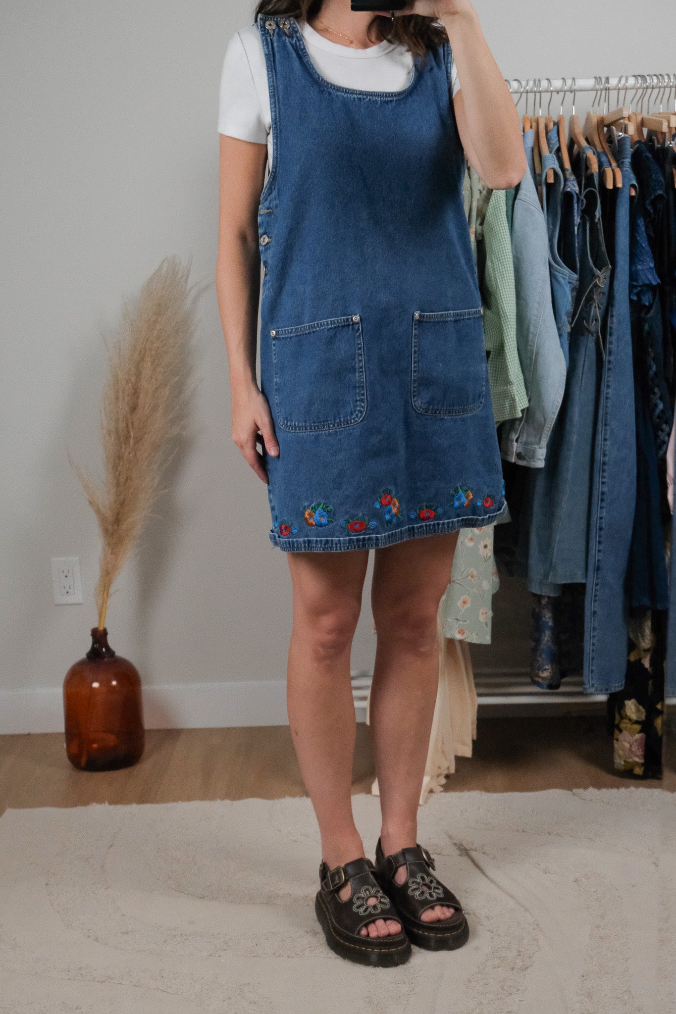 Vintage x Embroidered Denim Overall Dress (S)
