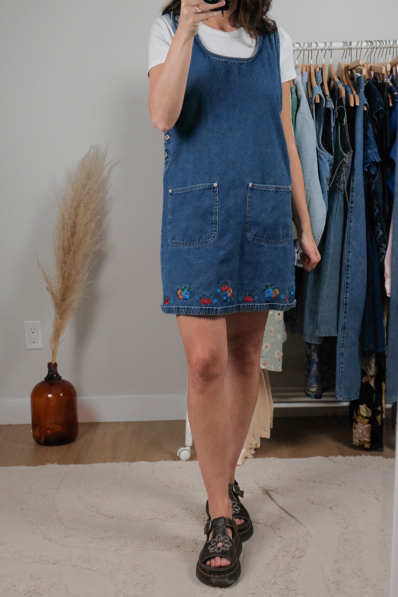 Vintage x Embroidered Denim Overall Dress (S)