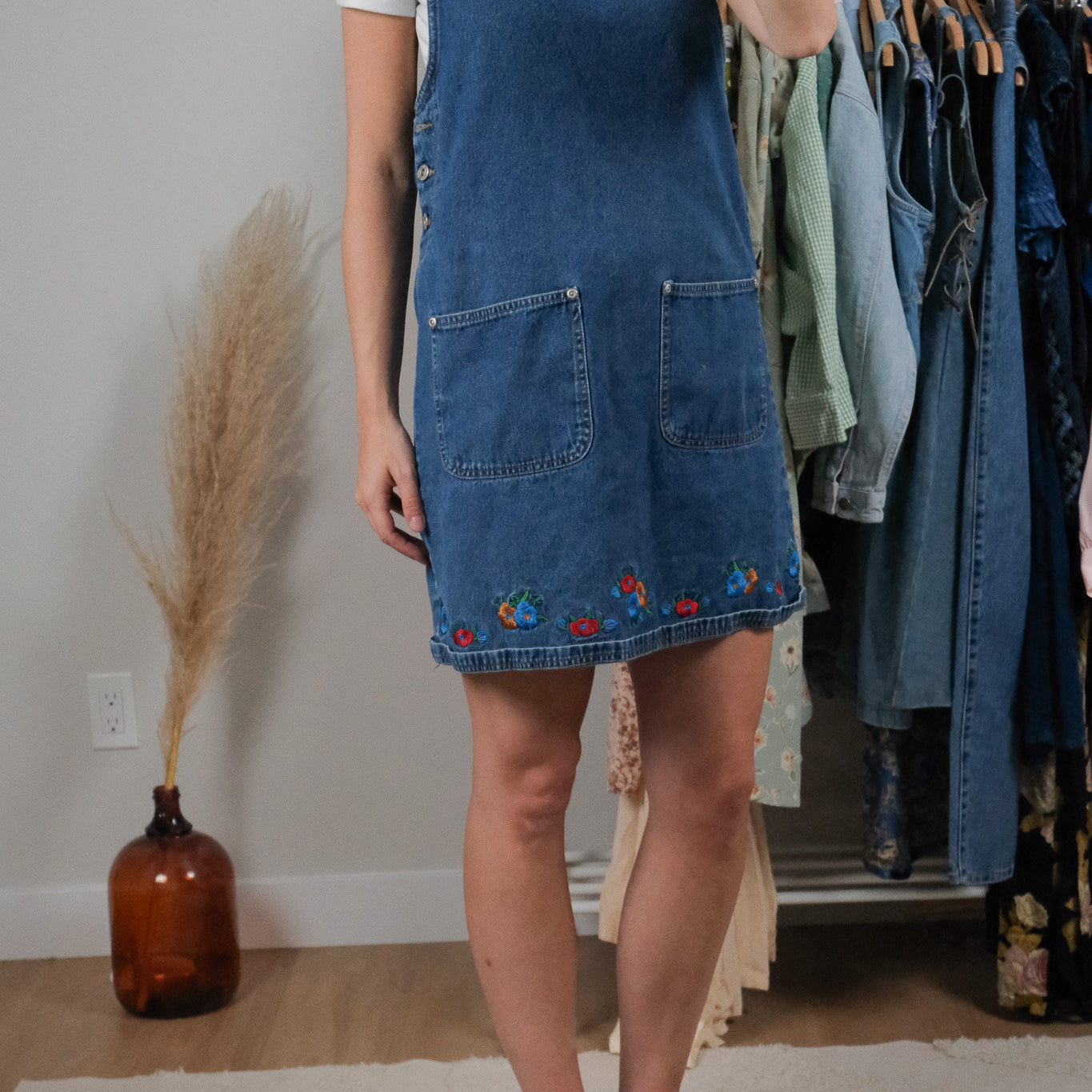 Vintage x Embroidered Denim Overall Dress (S)