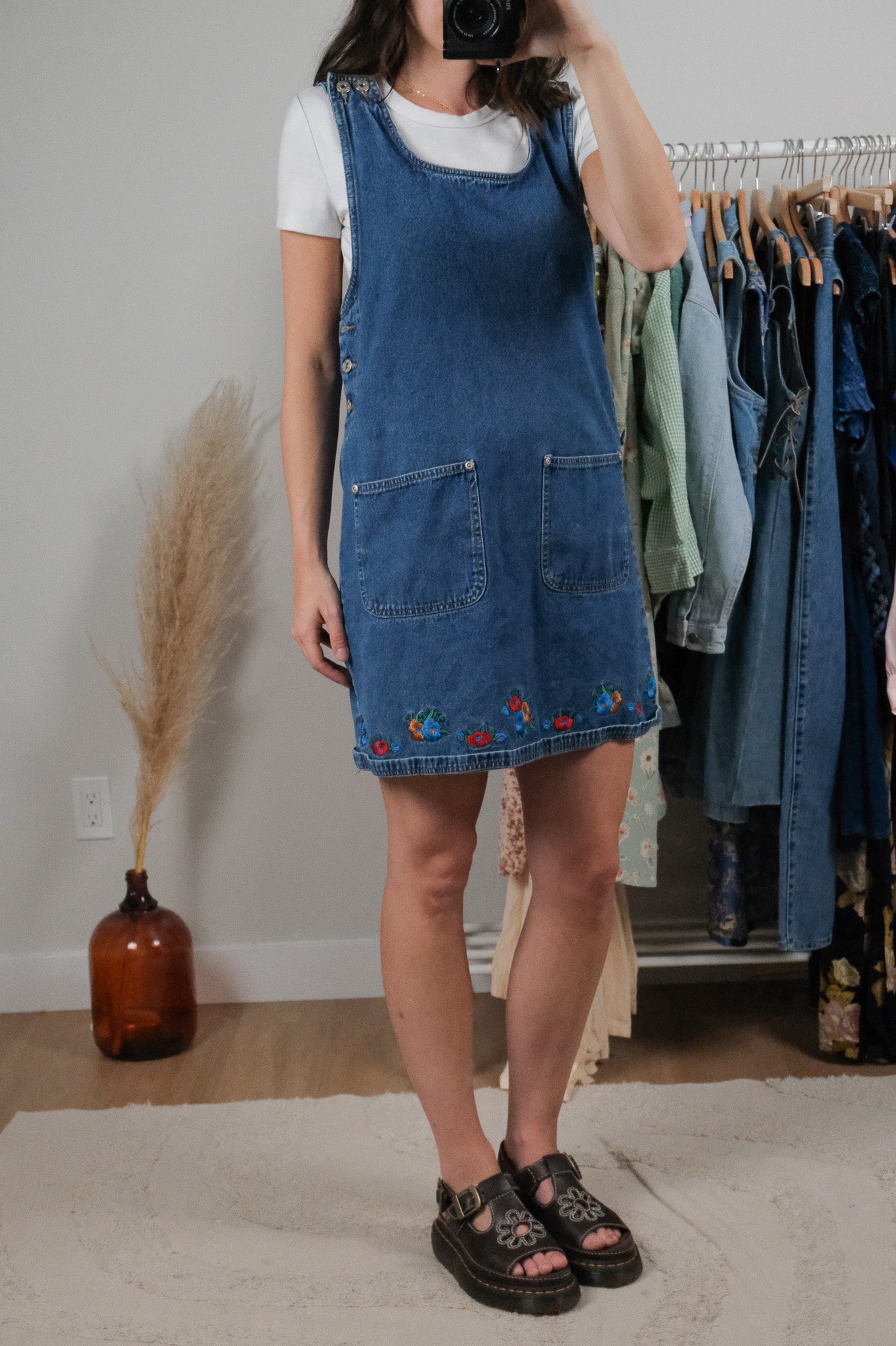 Vintage x Embroidered Denim Overall Dress (S)