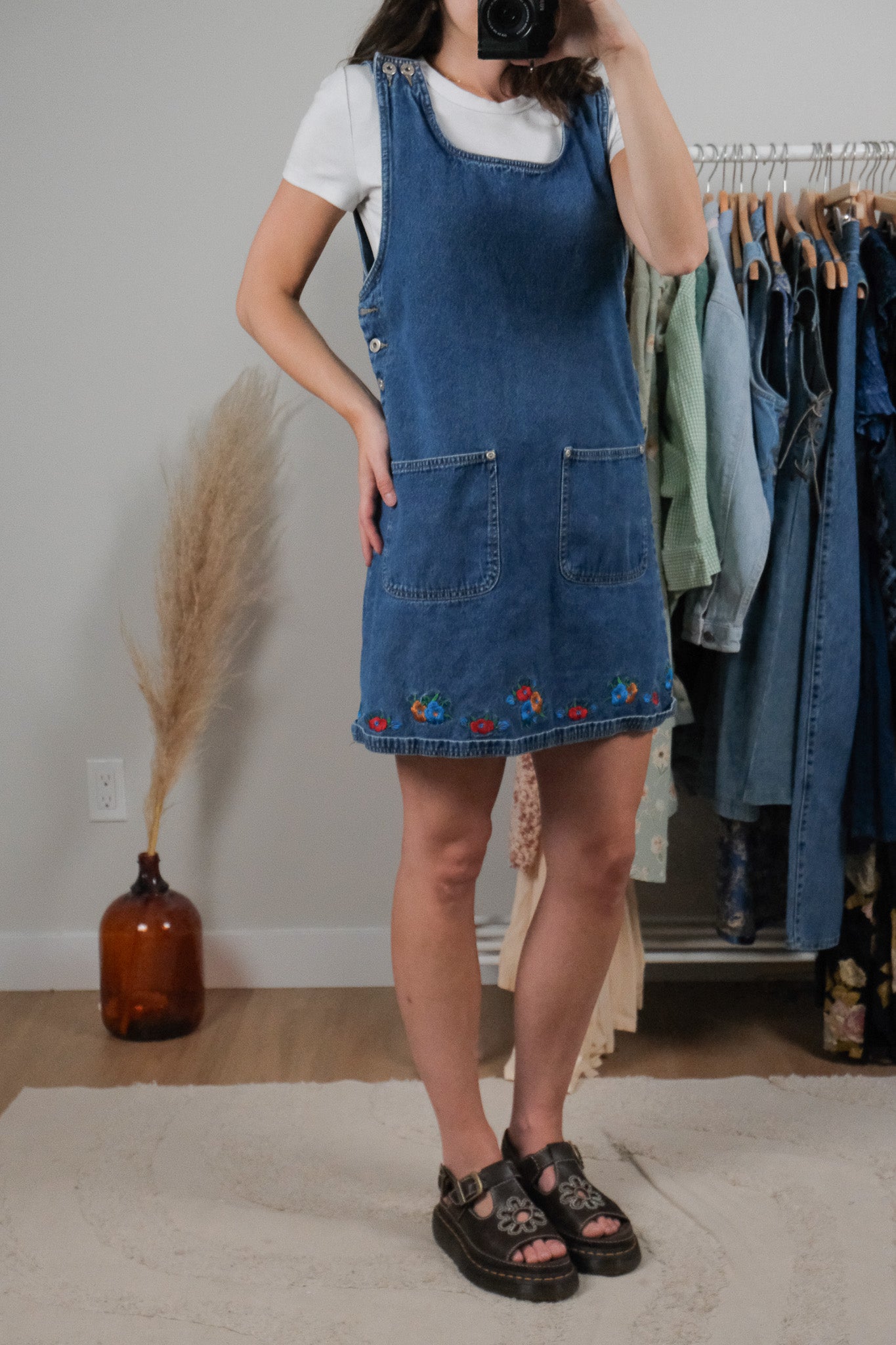 Vintage x Embroidered Denim Overall Dress (S)