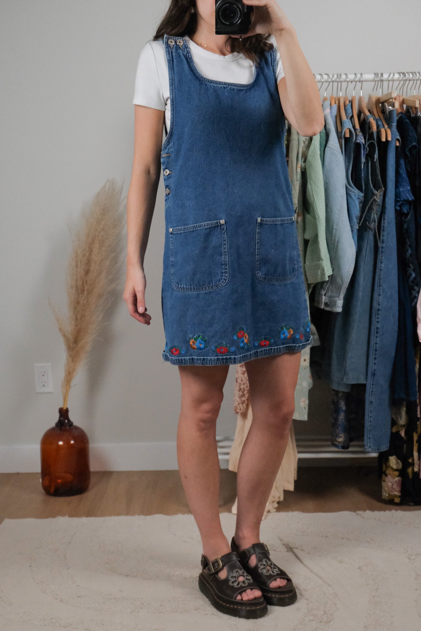 Vintage x Embroidered Denim Overall Dress (S)