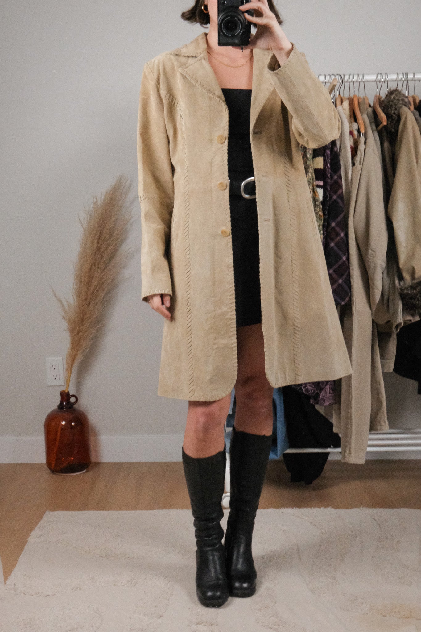 Vintage x Suede Leather Stitched Edges Trench Coat (M)