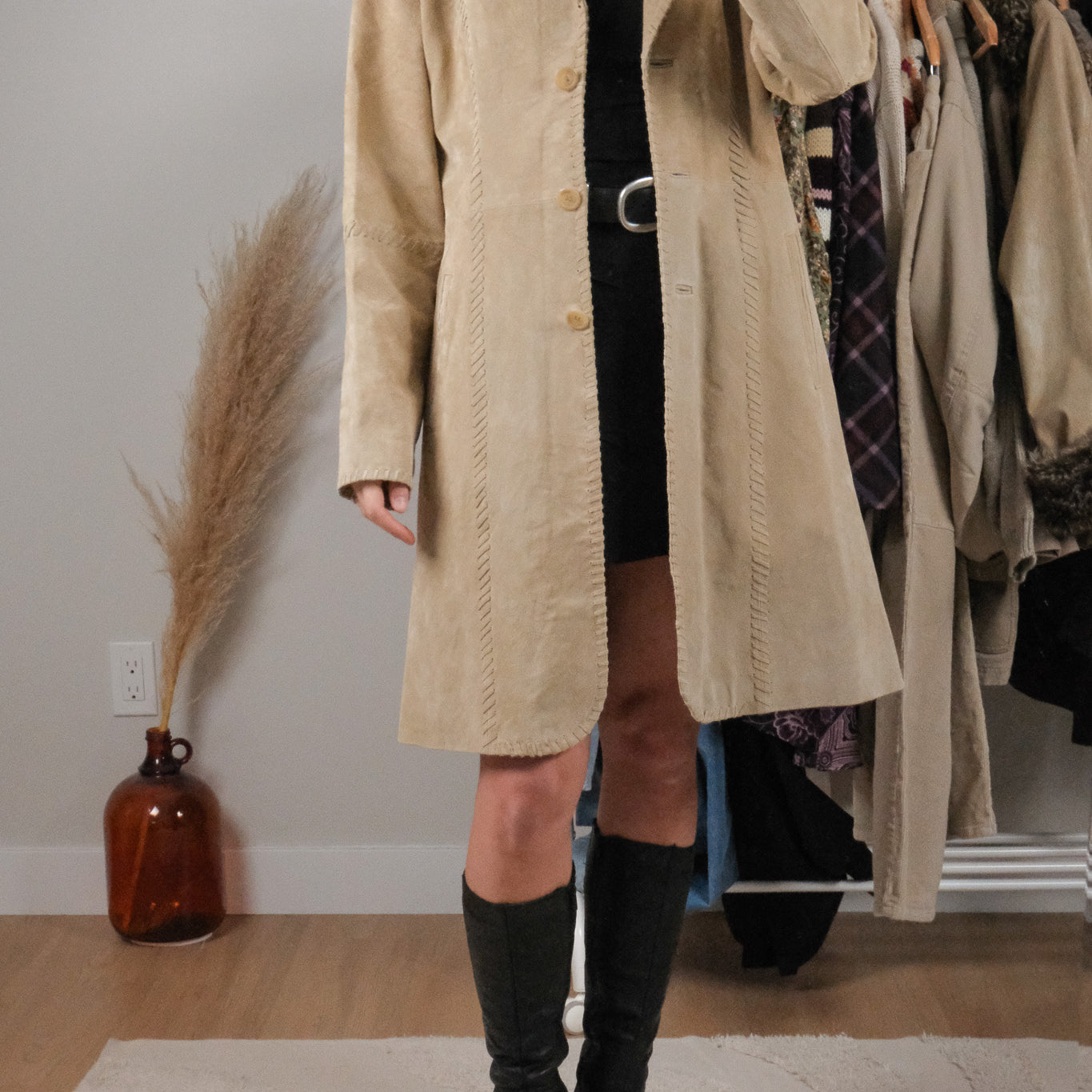 Vintage x Suede Leather Stitched Edges Trench Coat (M)