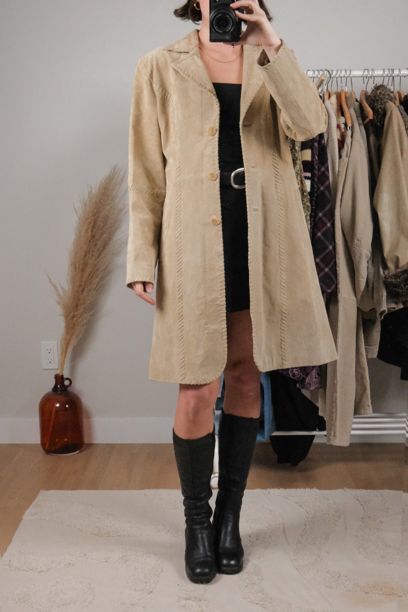 Vintage x Suede Leather Stitched Edges Trench Coat (M)