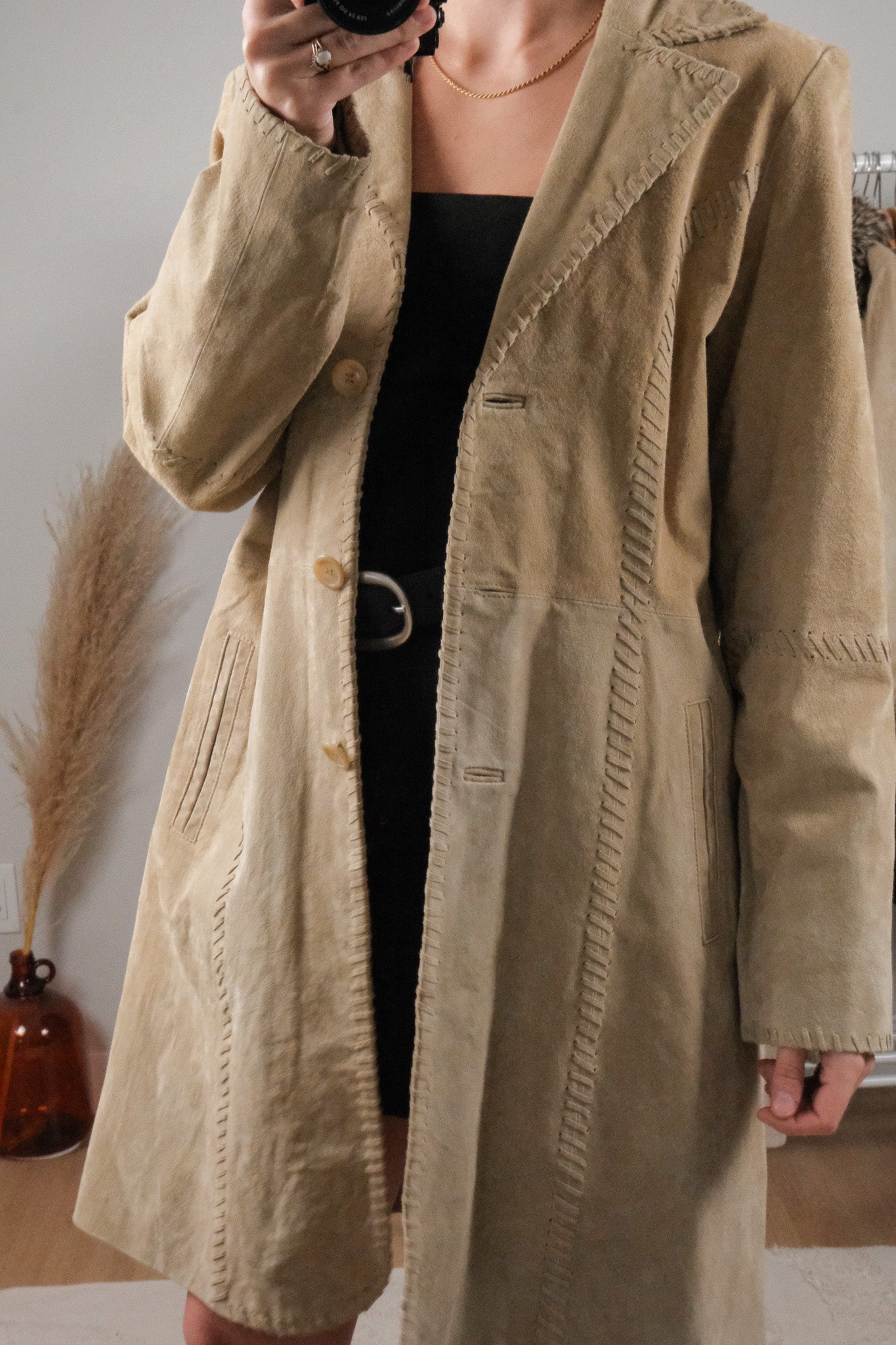 Vintage x Suede Leather Stitched Edges Trench Coat (M)