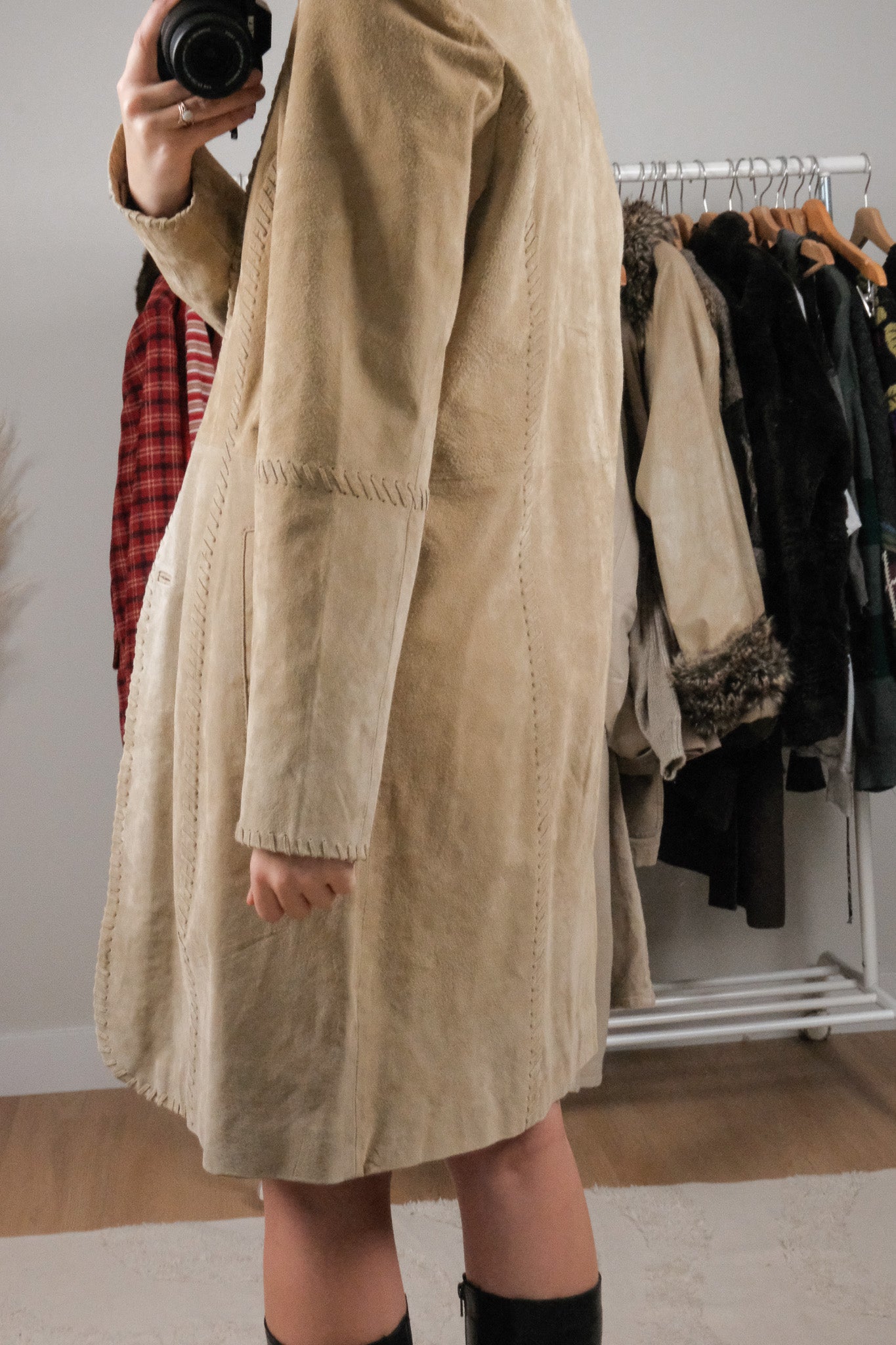 Vintage x Suede Leather Stitched Edges Trench Coat (M)