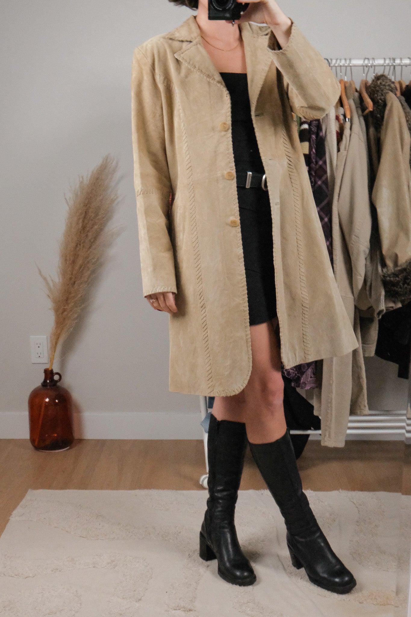 Vintage x Suede Leather Stitched Edges Trench Coat (M)