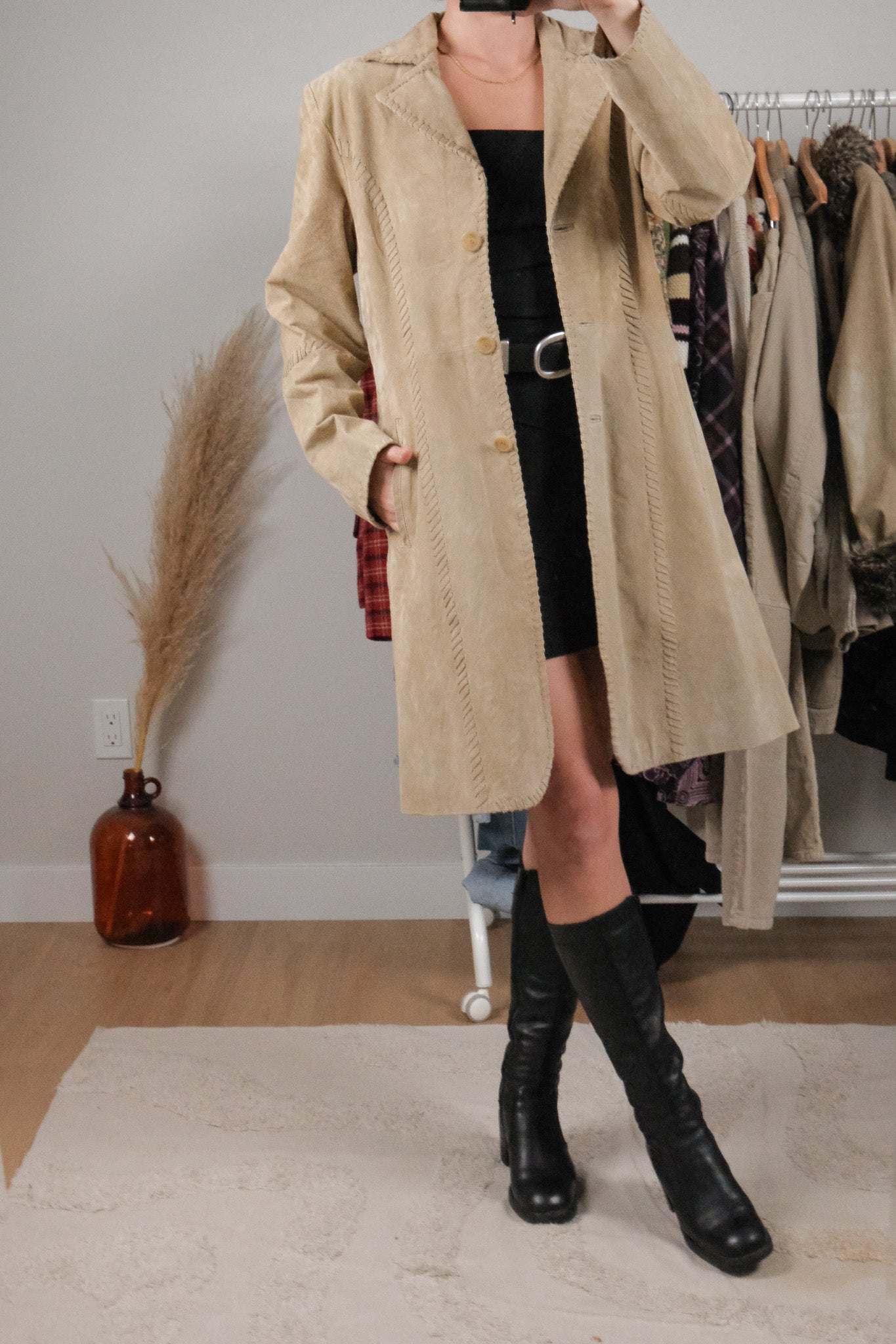 Vintage x Suede Leather Stitched Edges Trench Coat (M)