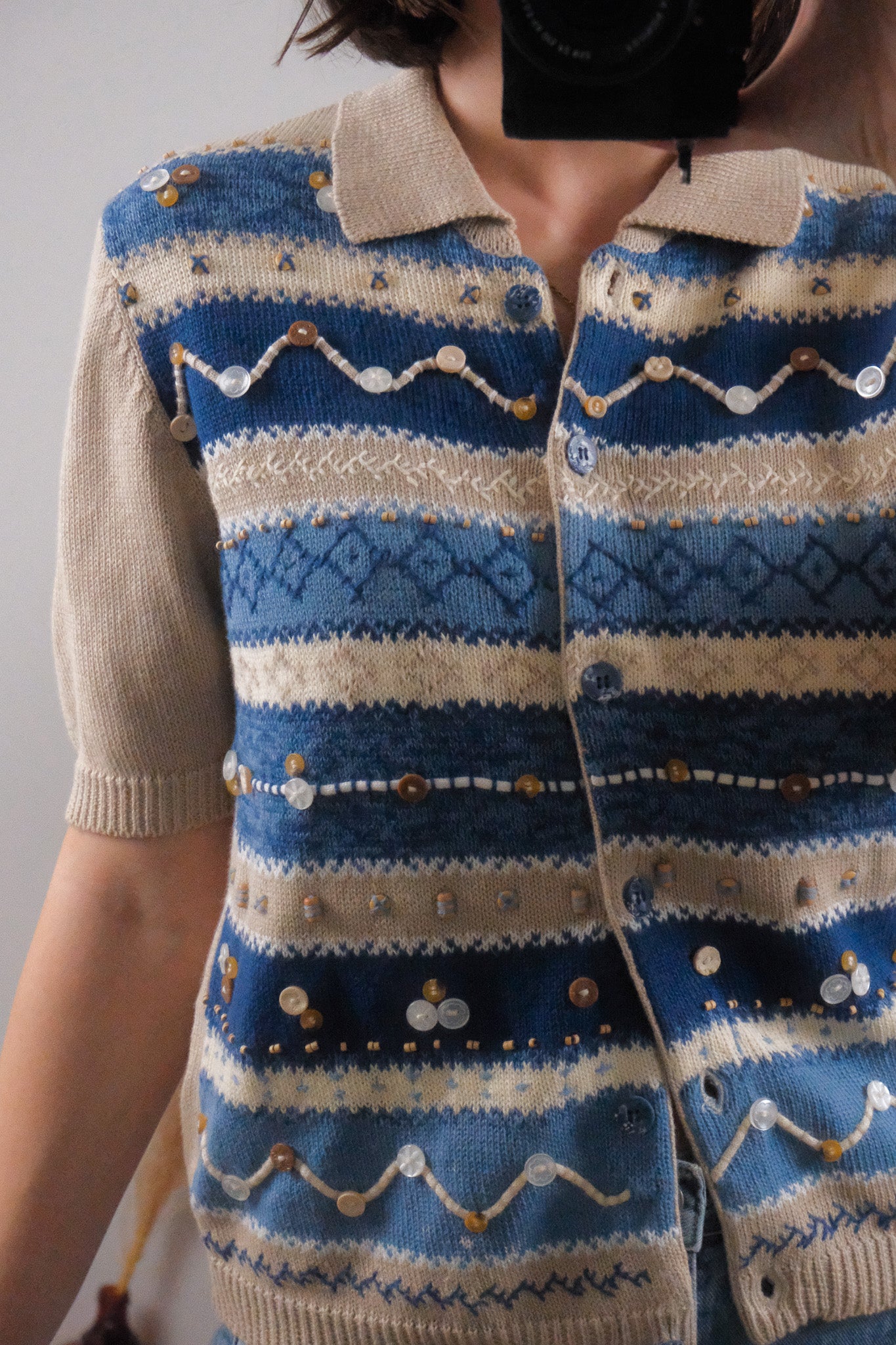 Vintage x Beaded Collared Short-Sleeve Knit (S)