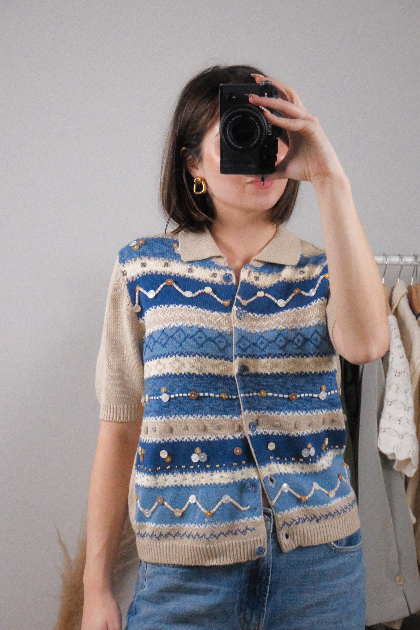 Vintage x Beaded Collared Short-Sleeve Knit (S)