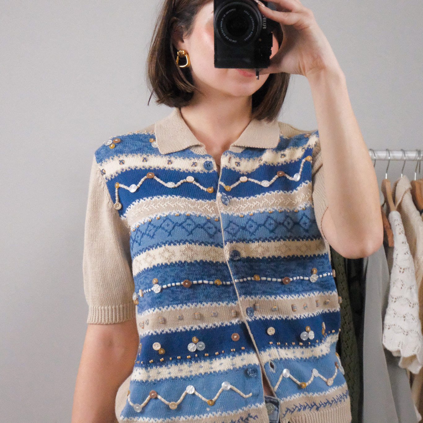 Vintage x Beaded Collared Short-Sleeve Knit (S)