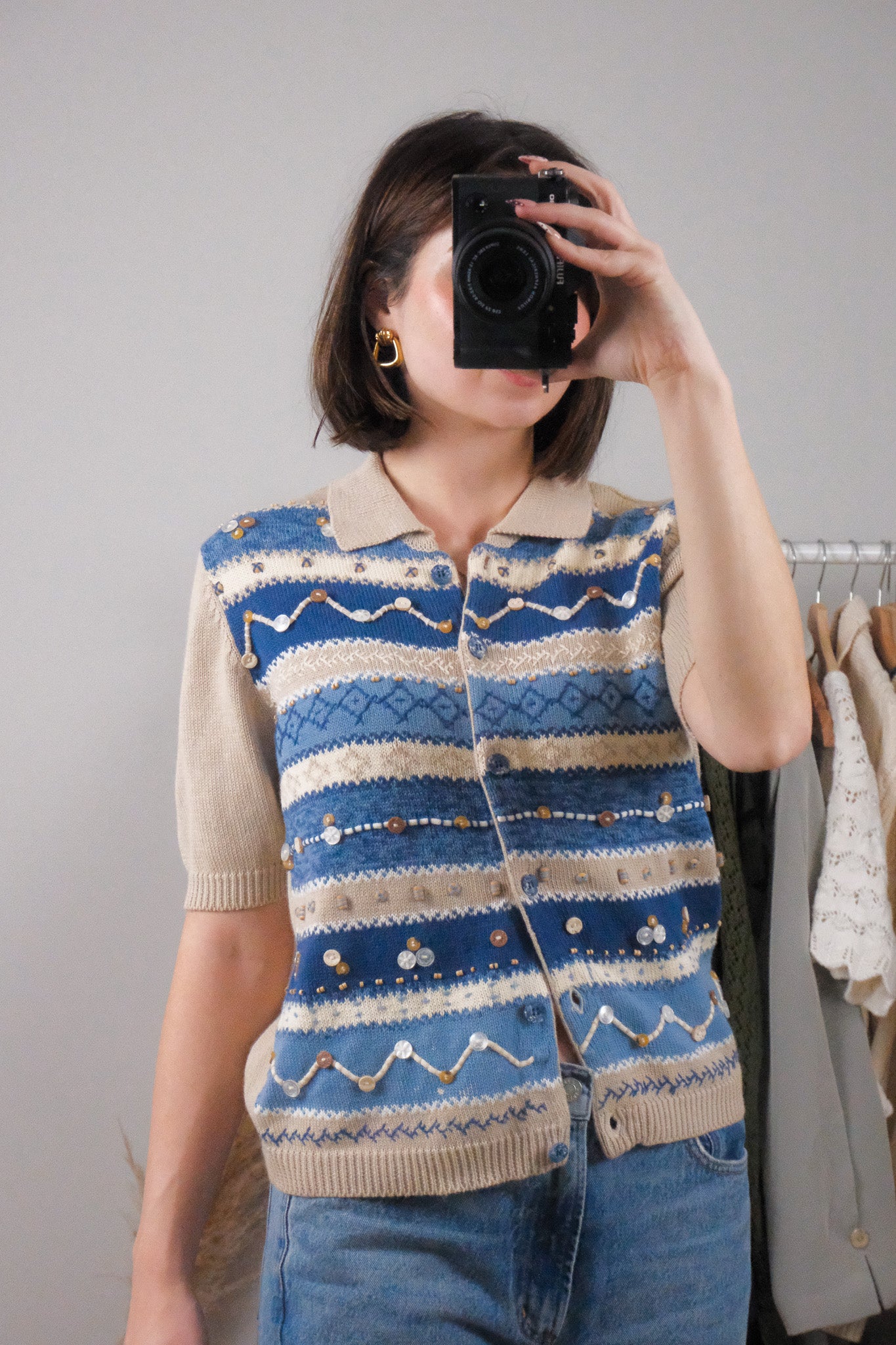 Vintage x Beaded Collared Short-Sleeve Knit (S)