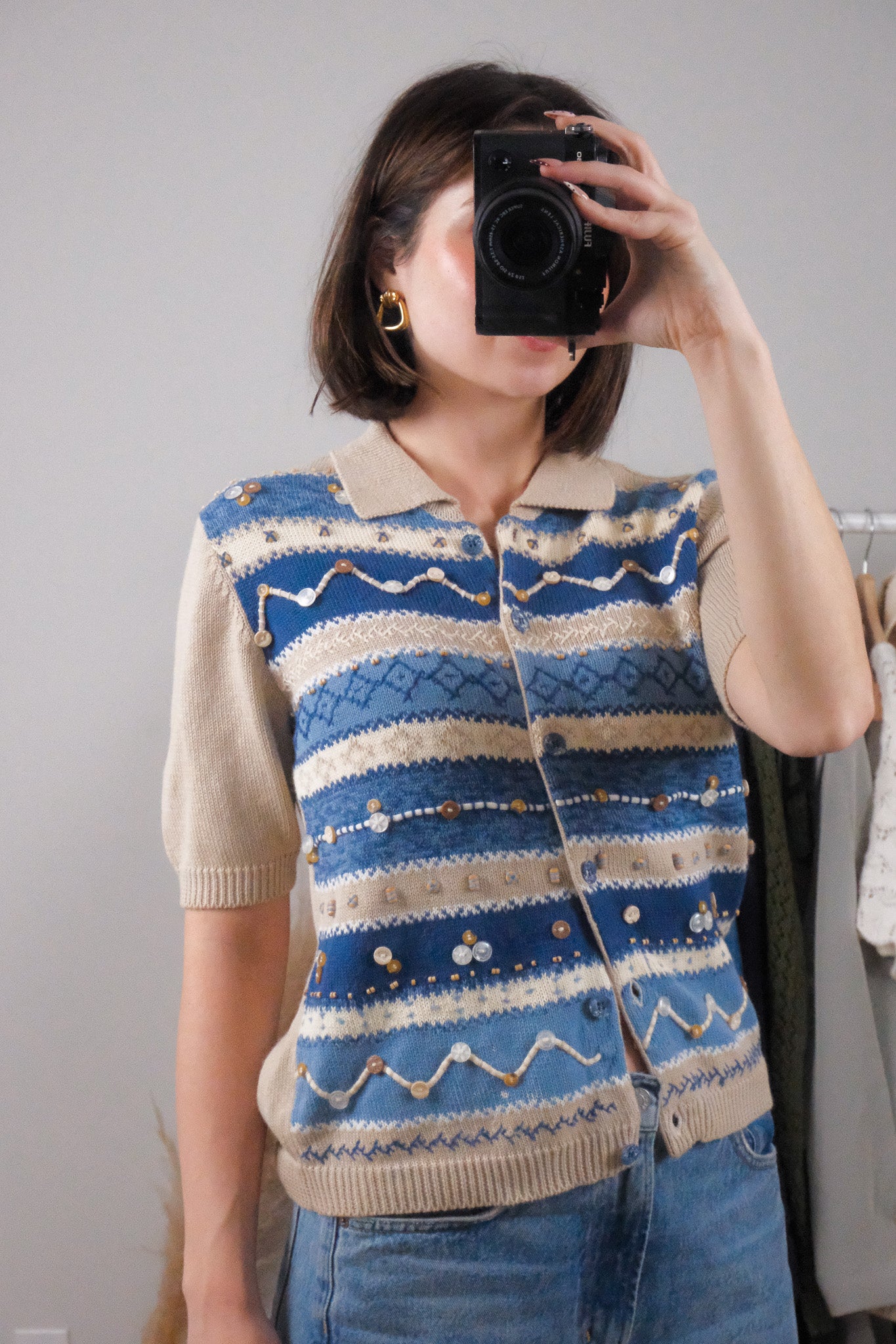 Vintage x Beaded Collared Short-Sleeve Knit (S)