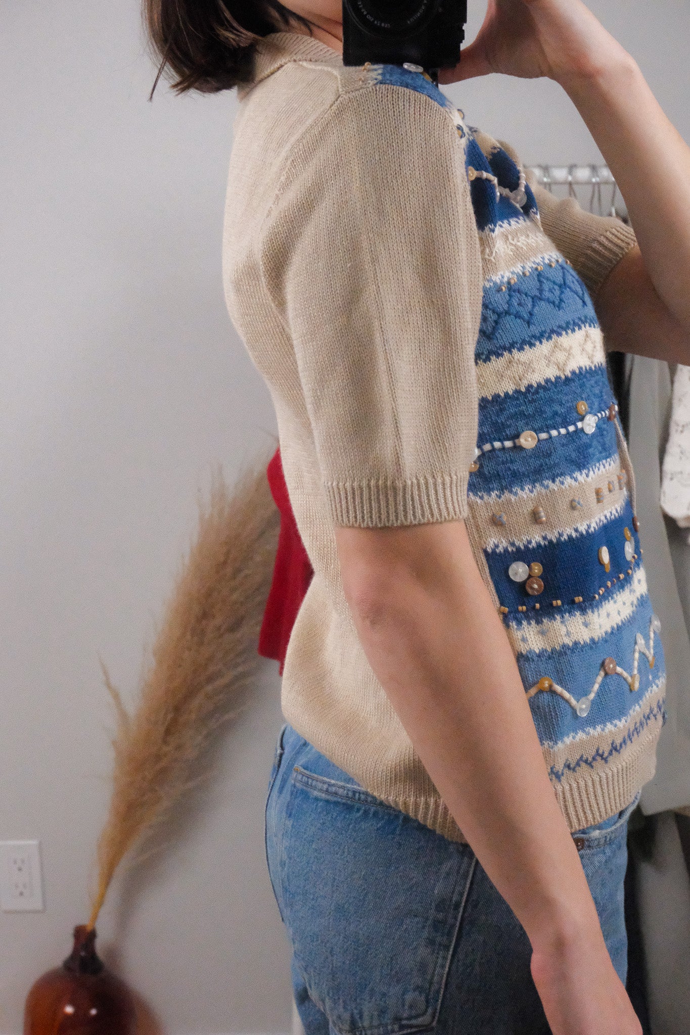 Vintage x Beaded Collared Short-Sleeve Knit (S)