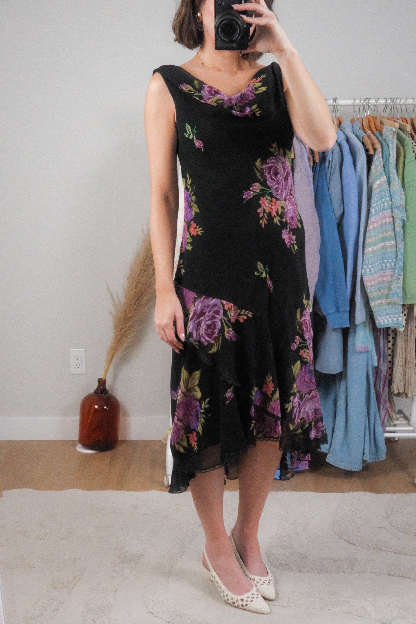 Vintage x Floral/Lace Beaded Cowl Neck Midi Dress (M)
