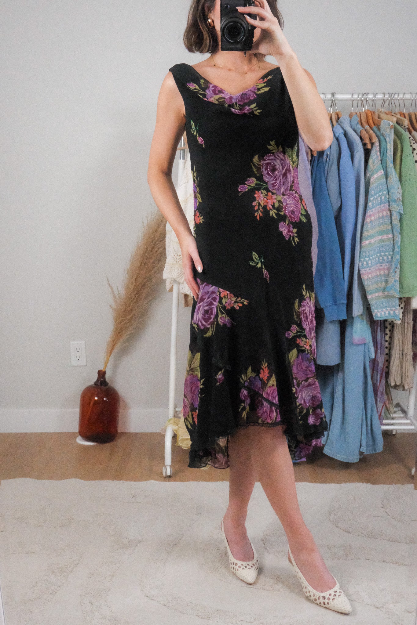 Vintage x Floral/Lace Beaded Cowl Neck Midi Dress (M)