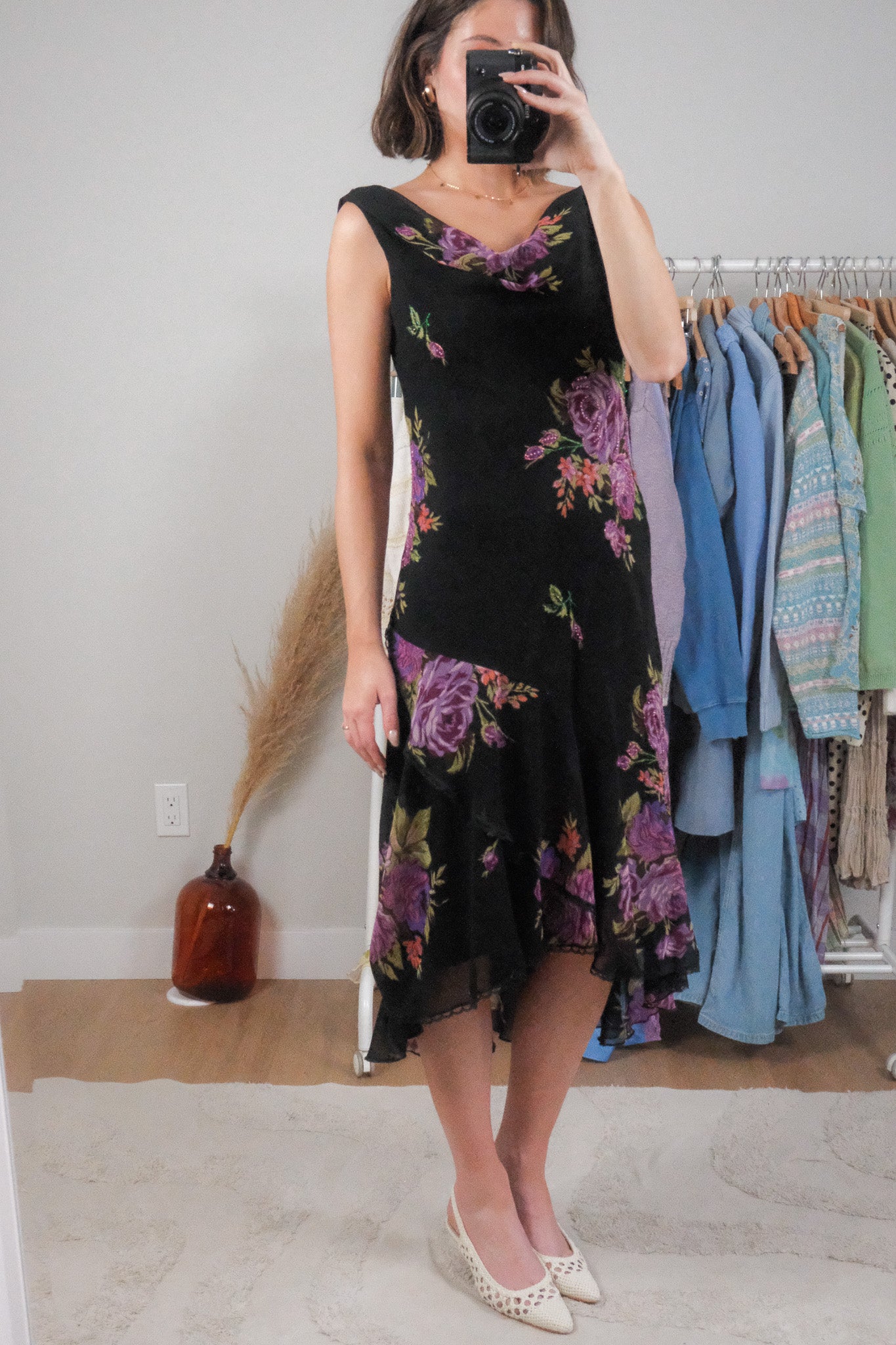 Vintage x Floral/Lace Beaded Cowl Neck Midi Dress (M)