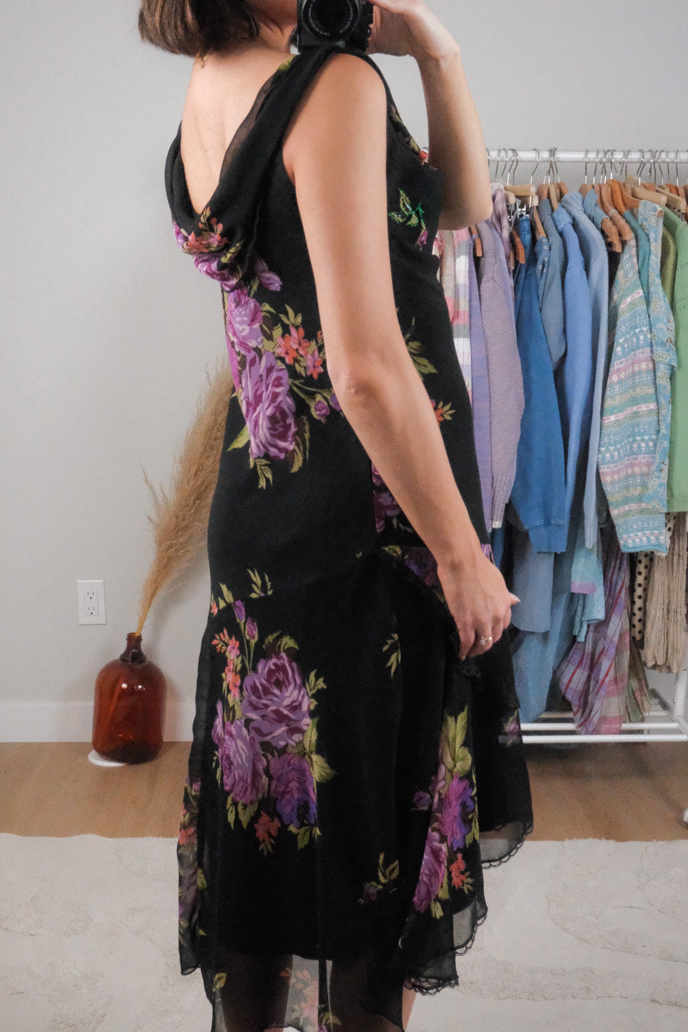 Vintage x Floral/Lace Beaded Cowl Neck Midi Dress (M)