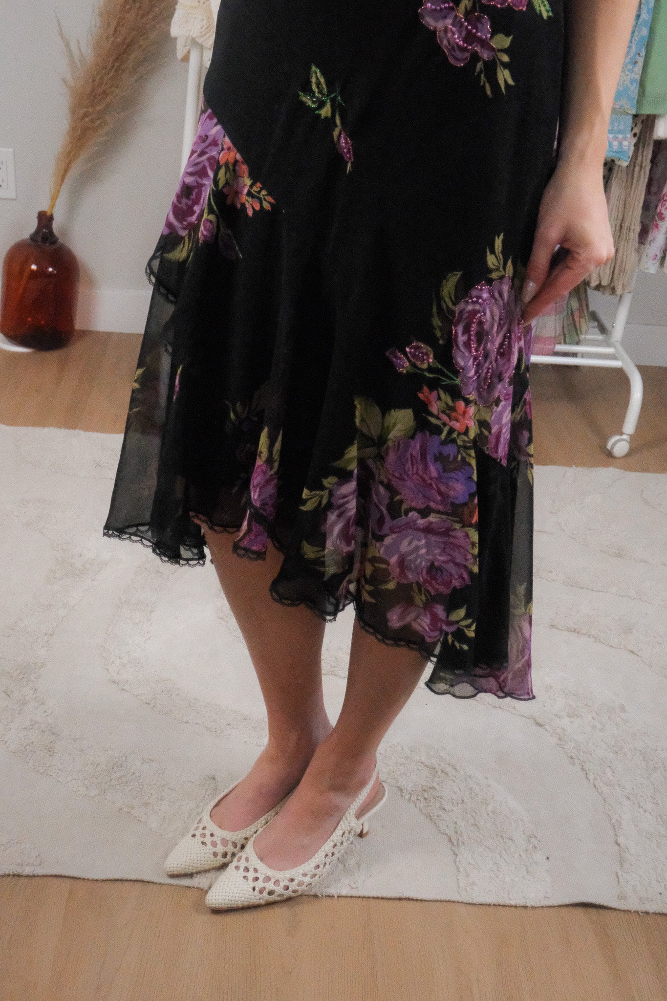 Vintage x Floral/Lace Beaded Cowl Neck Midi Dress (M)