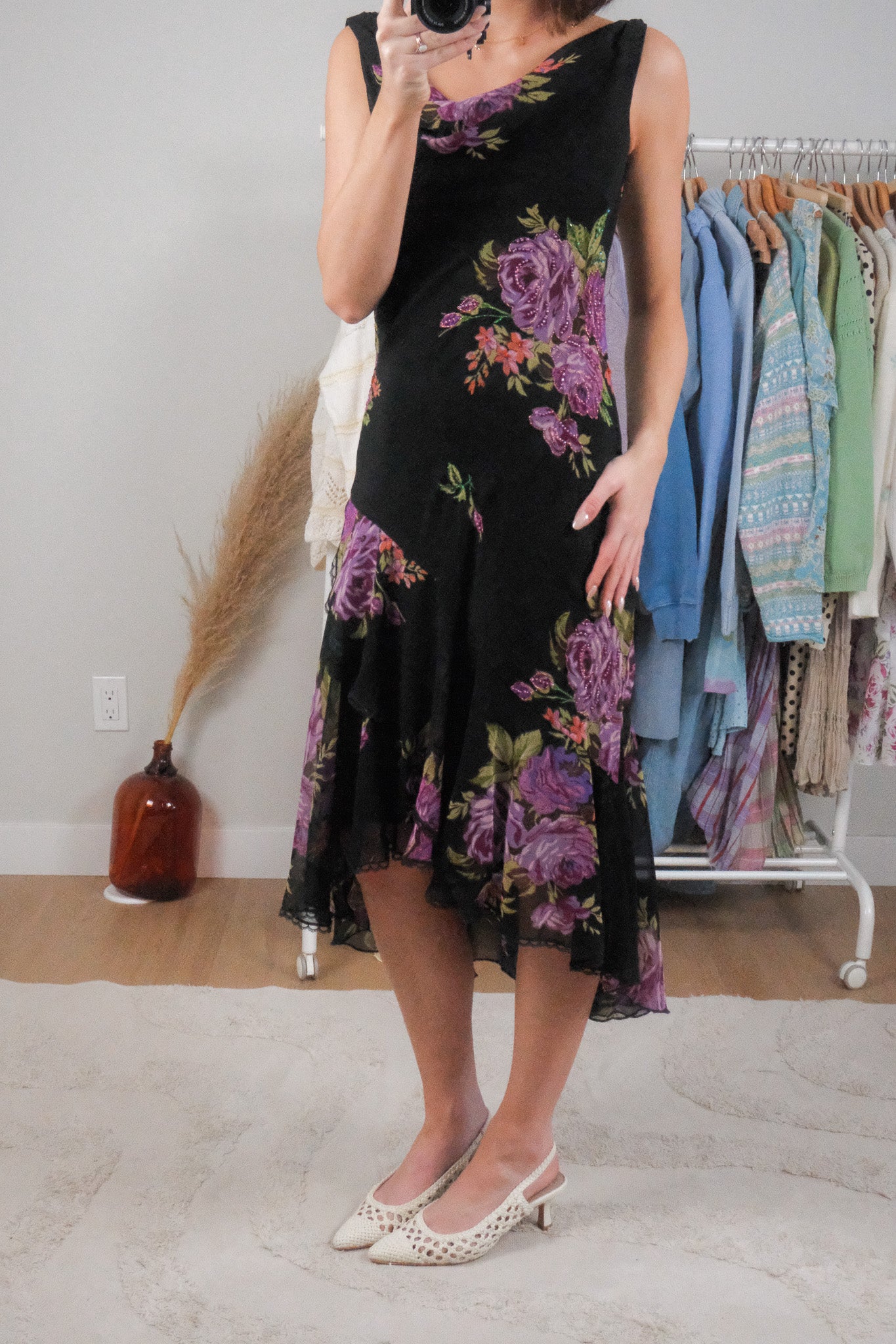 Vintage x Floral/Lace Beaded Cowl Neck Midi Dress (M)