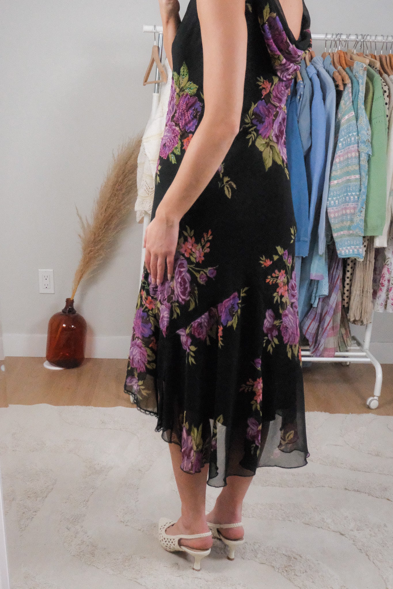 Vintage x Floral/Lace Beaded Cowl Neck Midi Dress (M)