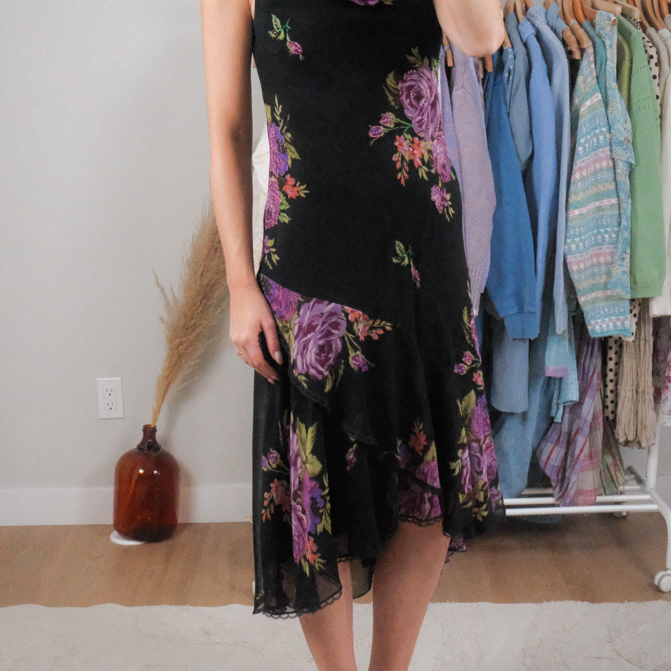 Vintage x Floral/Lace Beaded Cowl Neck Midi Dress (M)
