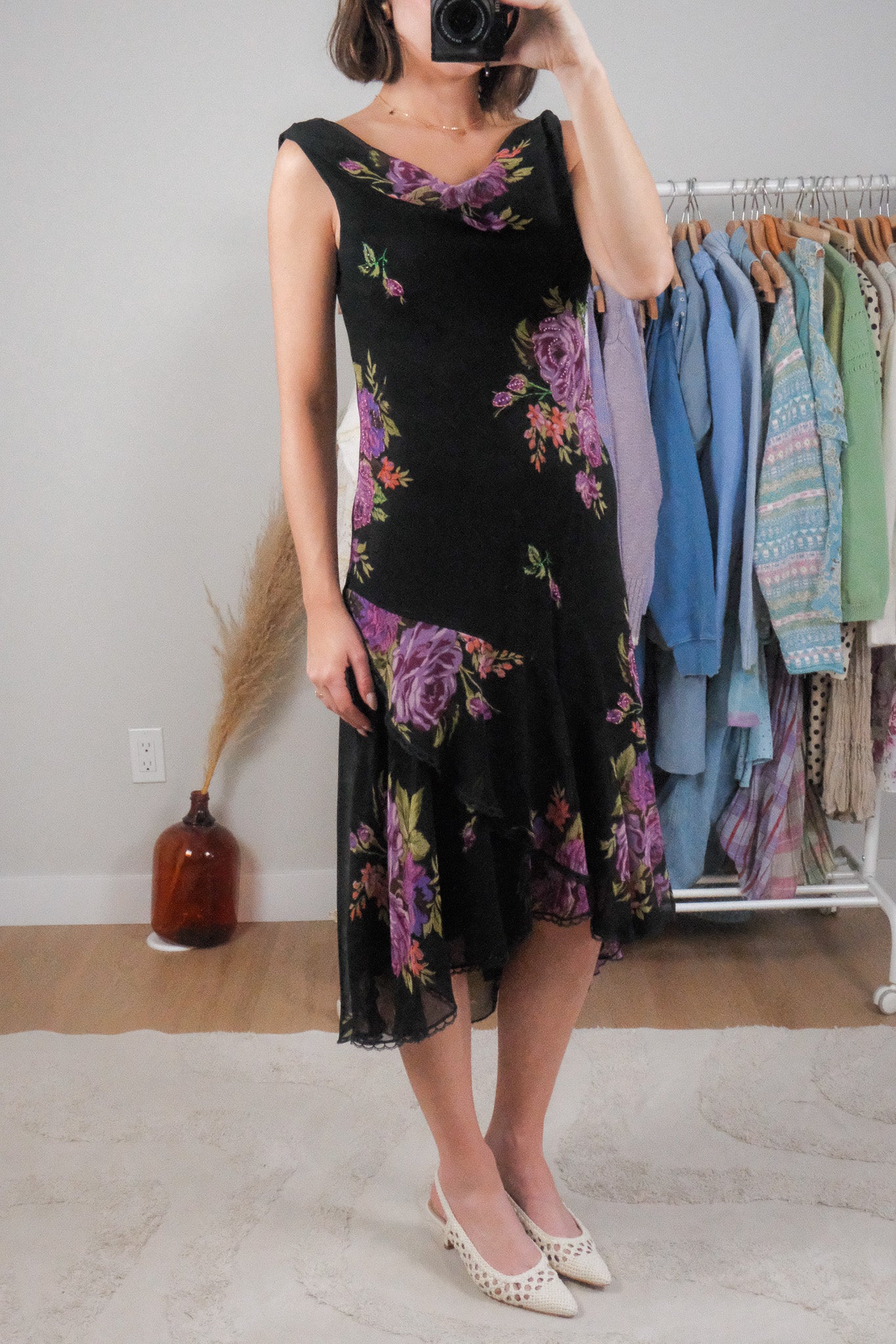 Vintage x Floral/Lace Beaded Cowl Neck Midi Dress (M)