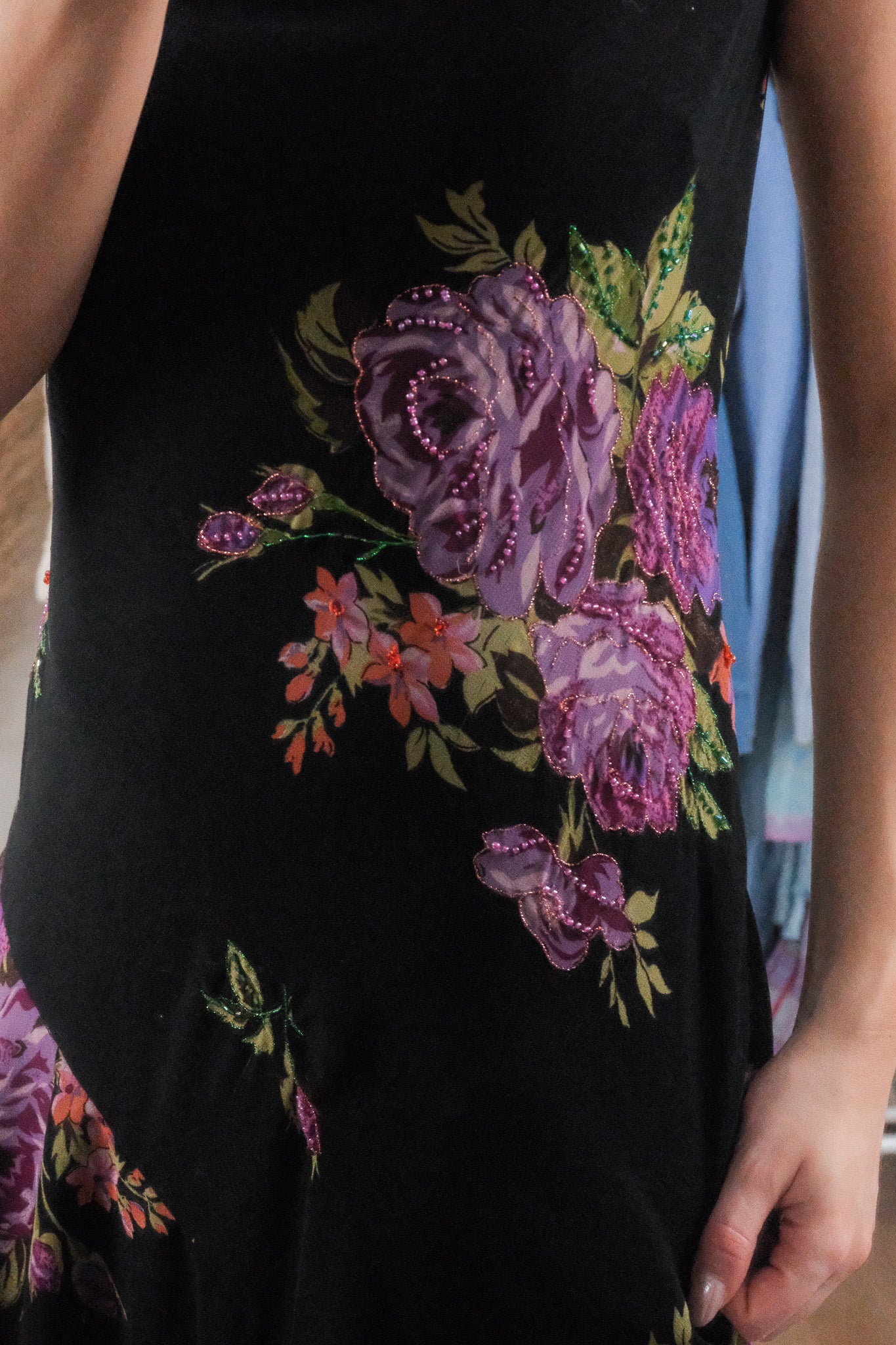 Vintage x Floral/Lace Beaded Cowl Neck Midi Dress (M)