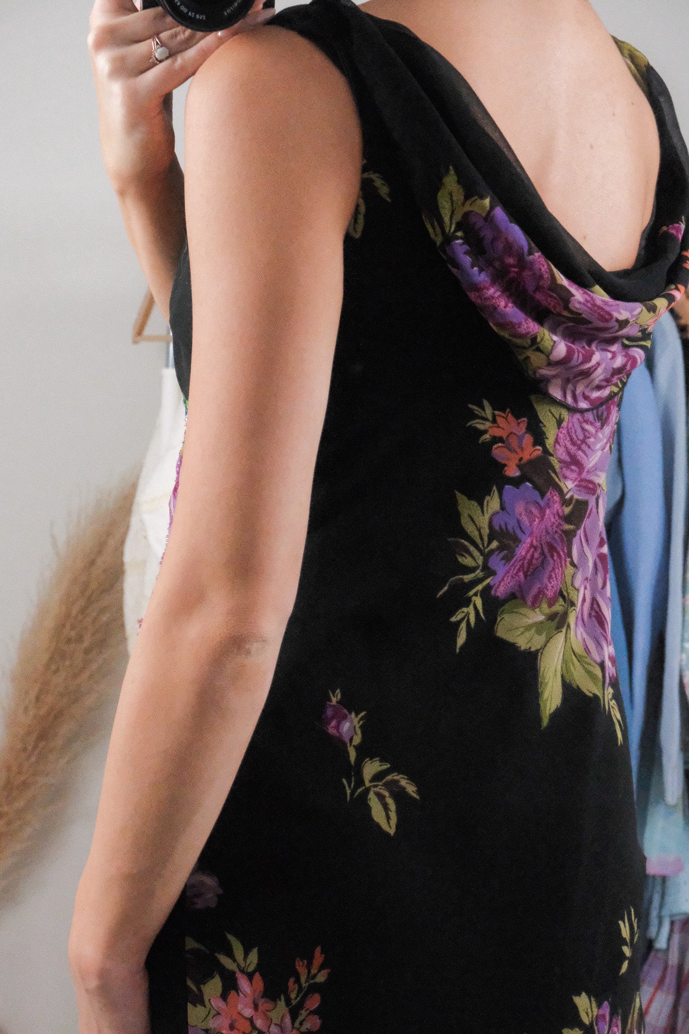 Vintage x Floral/Lace Beaded Cowl Neck Midi Dress (M)